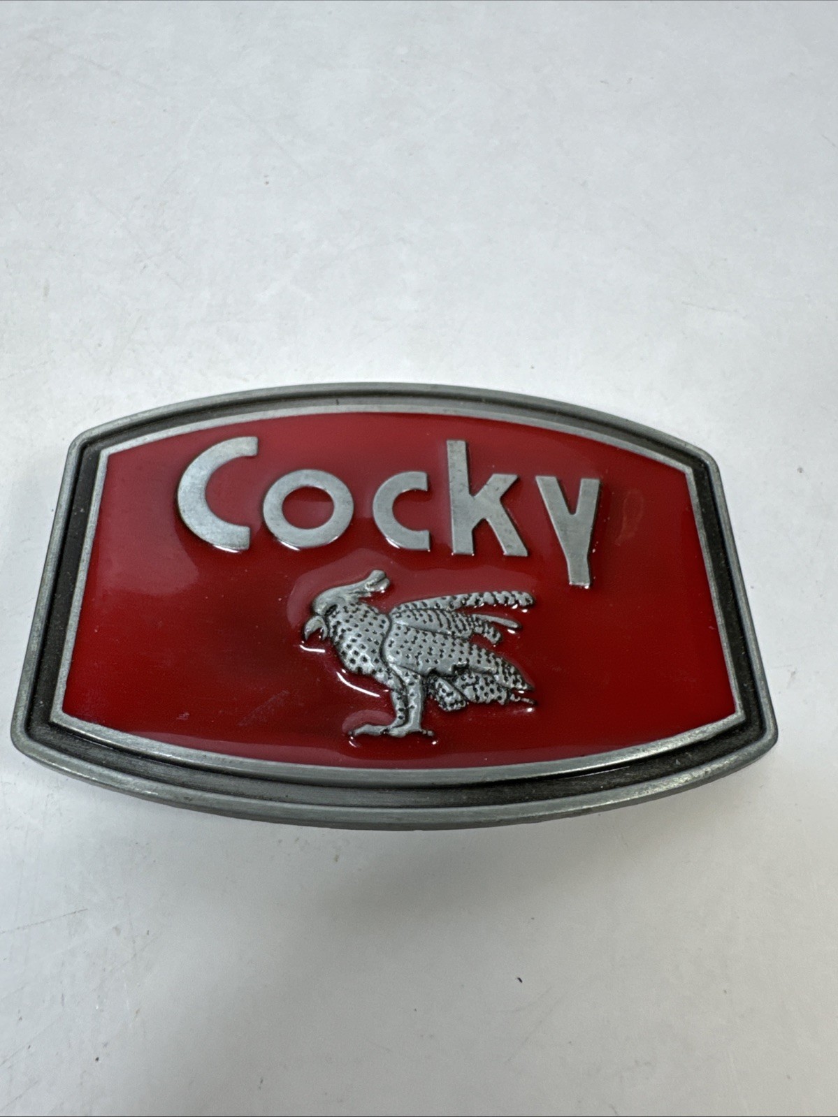 Rooster Belt Buckle “Cocky” Medium. Red Enameled And Gray Tones