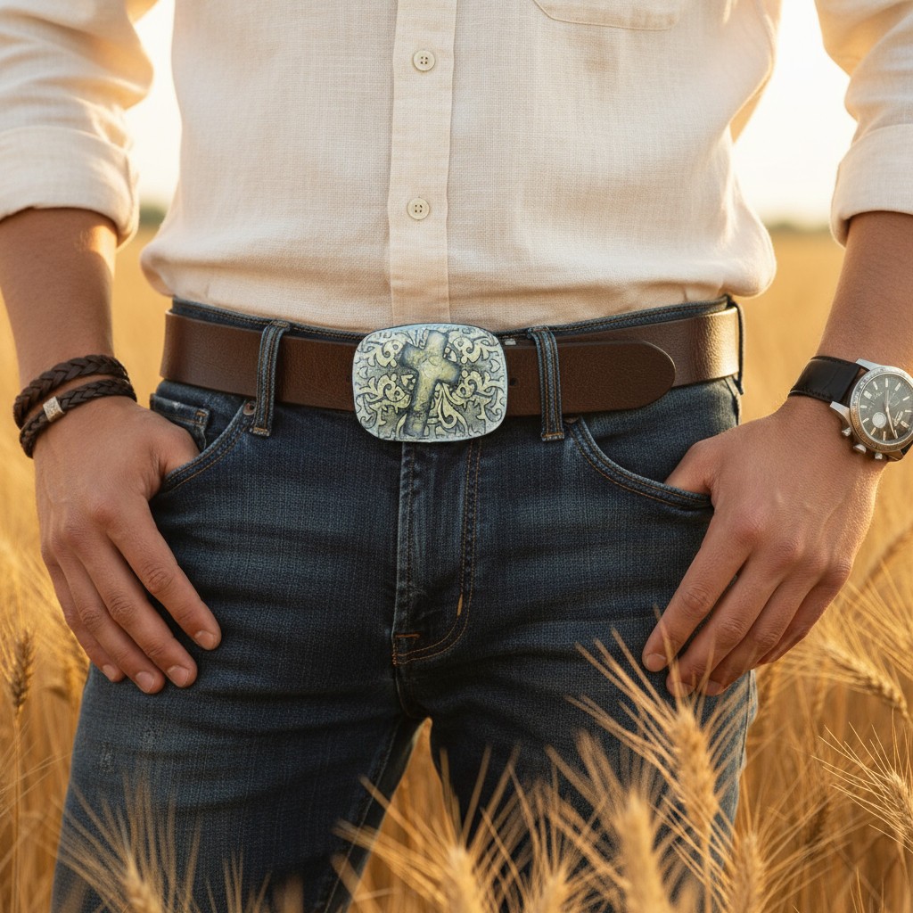 Men Women Belt Buckle Black Faux Leather Religious Cross Western Weekend Style