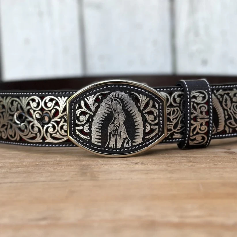 Genuine Laser Cut Leather Virgen Western Belt with Removable Buckle – Silver