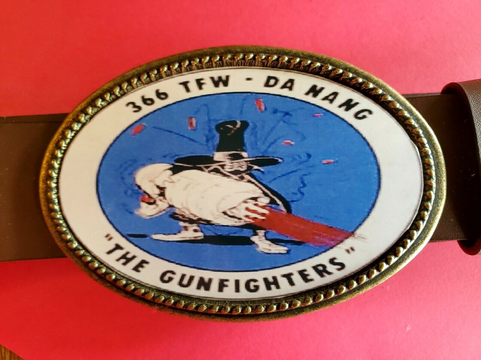 Vietnam Veteran 366 THE GUNFIGHTERS Epoxy Photo Belt Buckle & Brown Bonded Belt