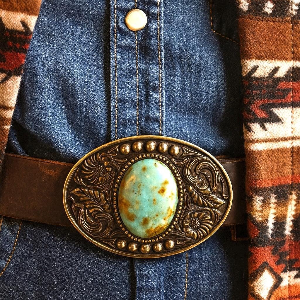 Teal Turquoise Stone Western Belt Buckle Cowboy Brass Agate Inlay 1.5in Strap