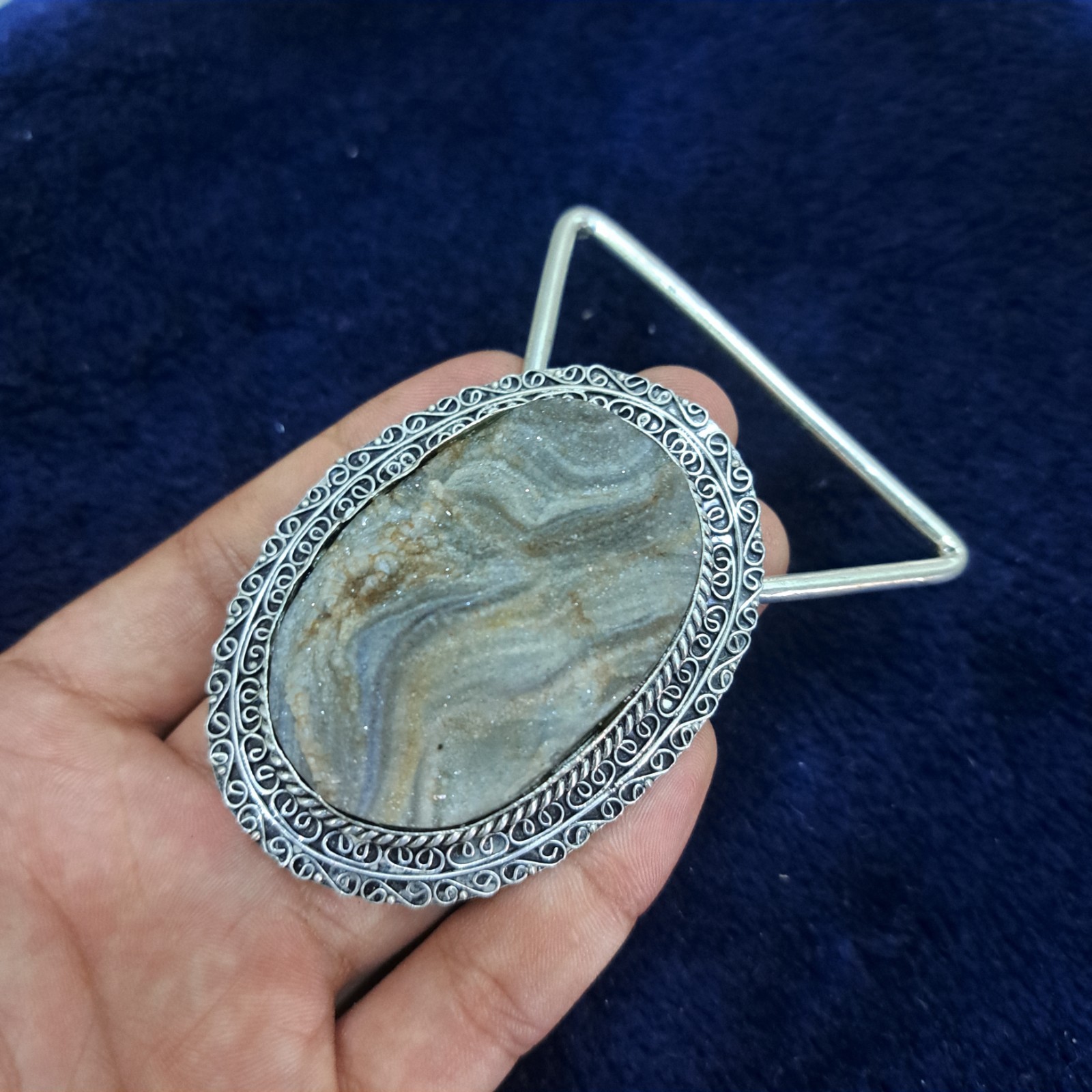 Natural Desert Druzy Belt Buckle – Sparkling Crystal Surface, Silver Plated