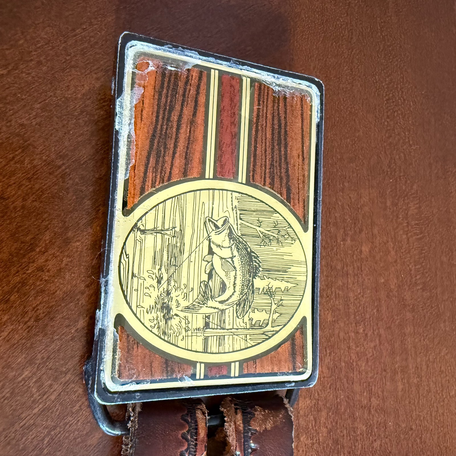 Vtg 1984 NAP Solid Brass Belt Buckle Bass Fish Woodgrain Western USA Leather