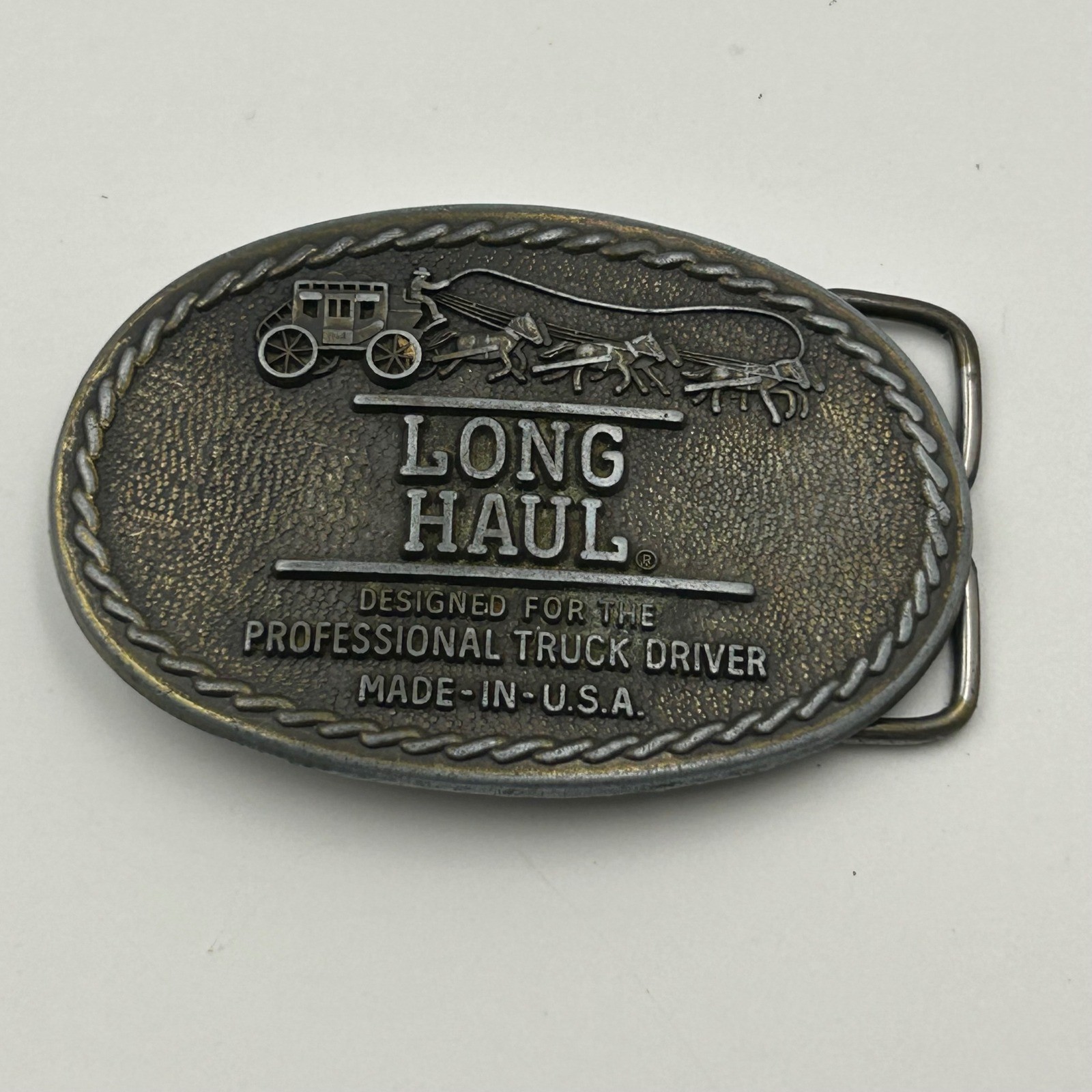 80s Long Haul Belt Buckle Mens OS Bronze VTG Stagecoach Trucker Americana USA