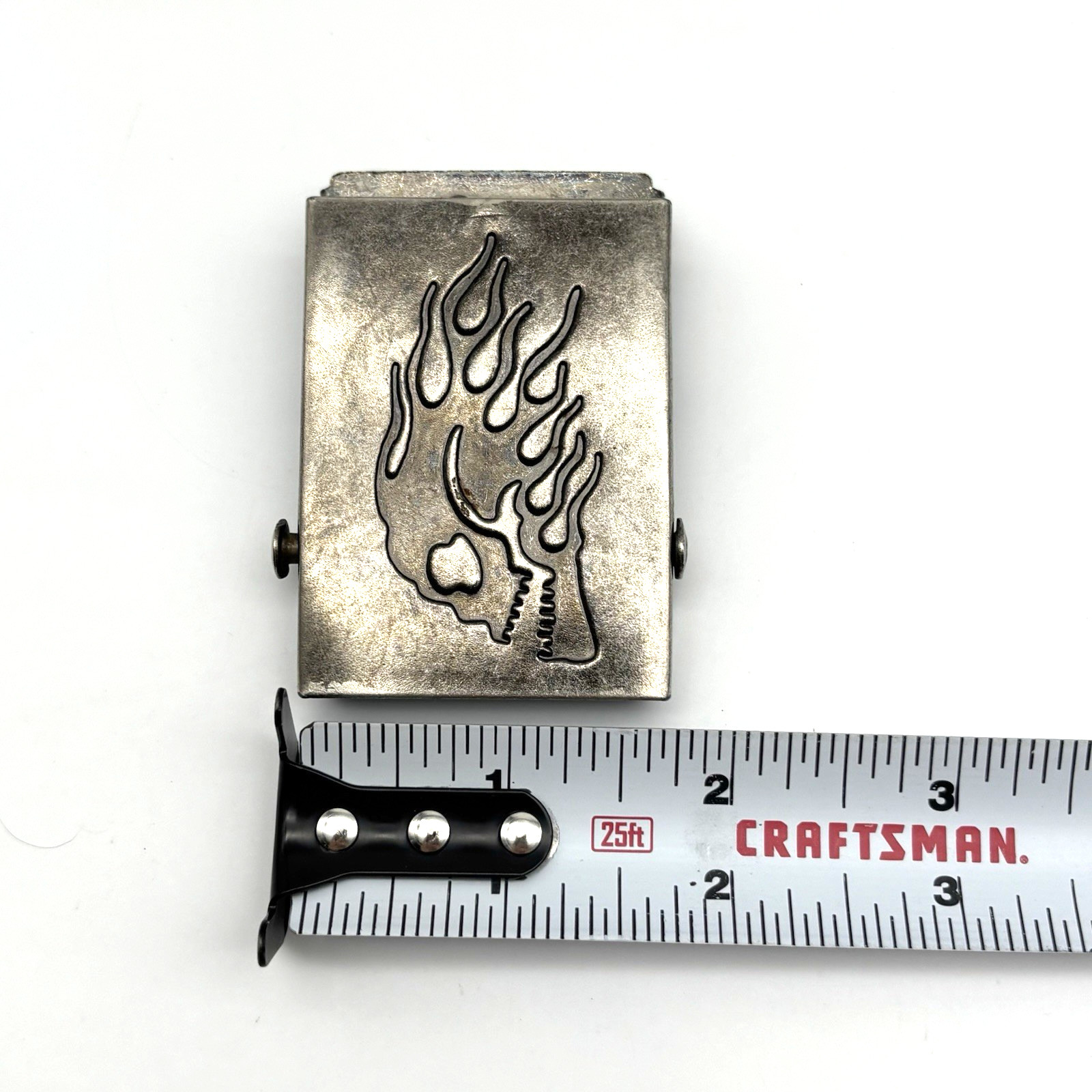 Vintage 90s Silver-tone Metal Flame Skull Military Slide Buckle for 1.5&Prime;Web Belt
