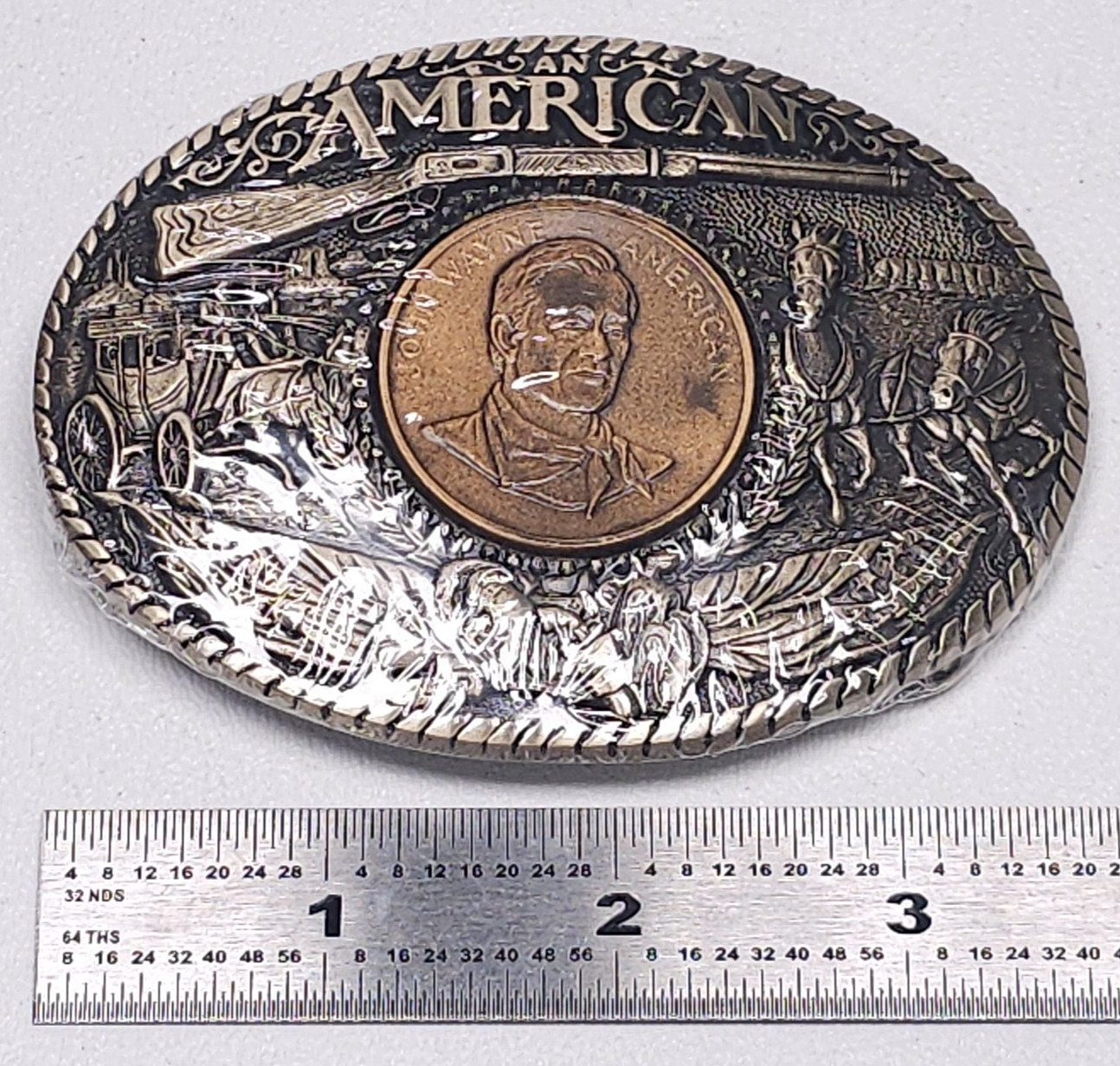 Vtg John Wayne American Belt Buckle Solid Brass Rainy Mtn Designs SEALED 1st Ed.