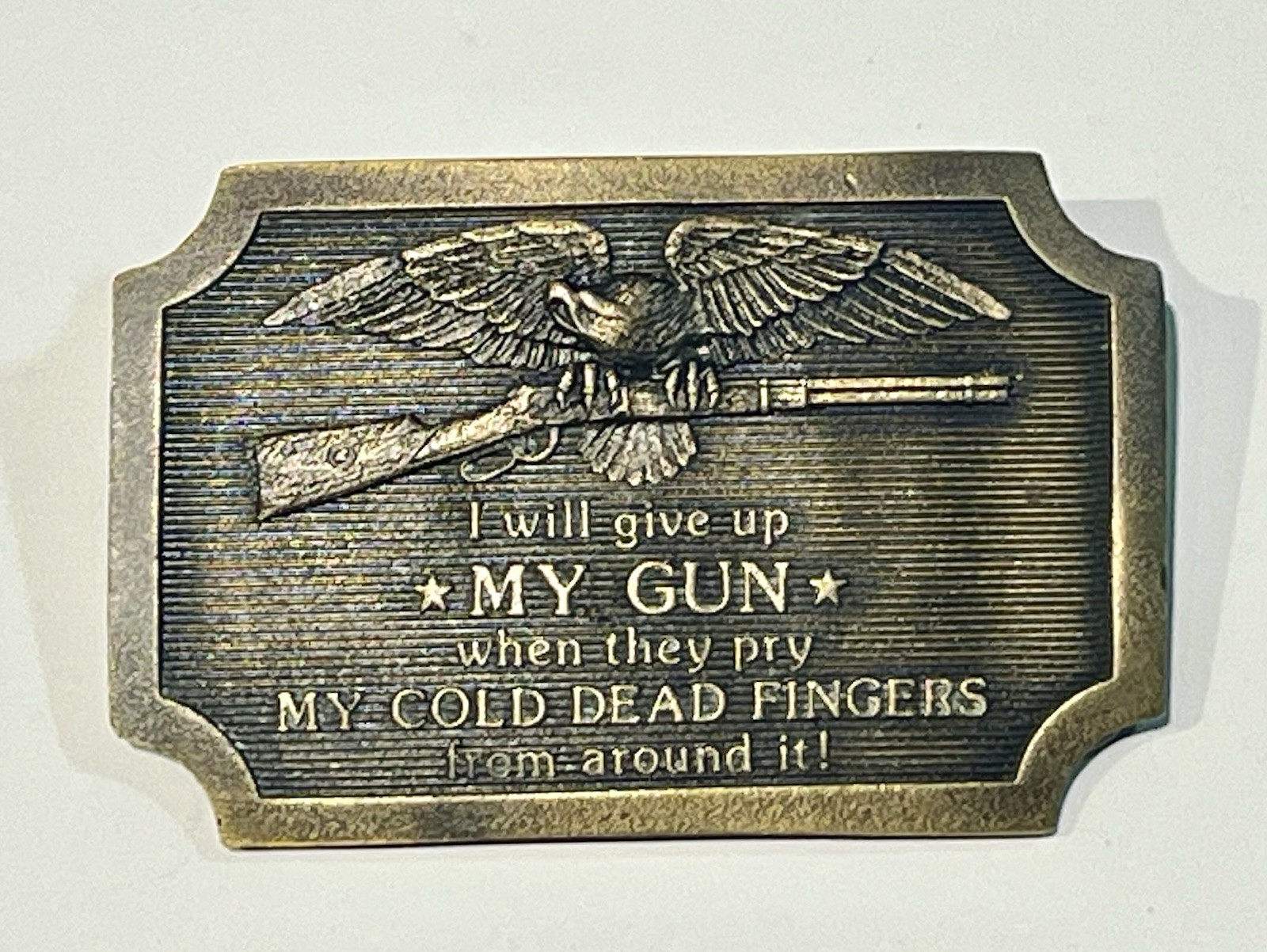 Indiana Metal 1977 Belt Buckle – « I&rsquo;LL GIVE UP MY GUN WHEN…” Charlton Heston NRA
