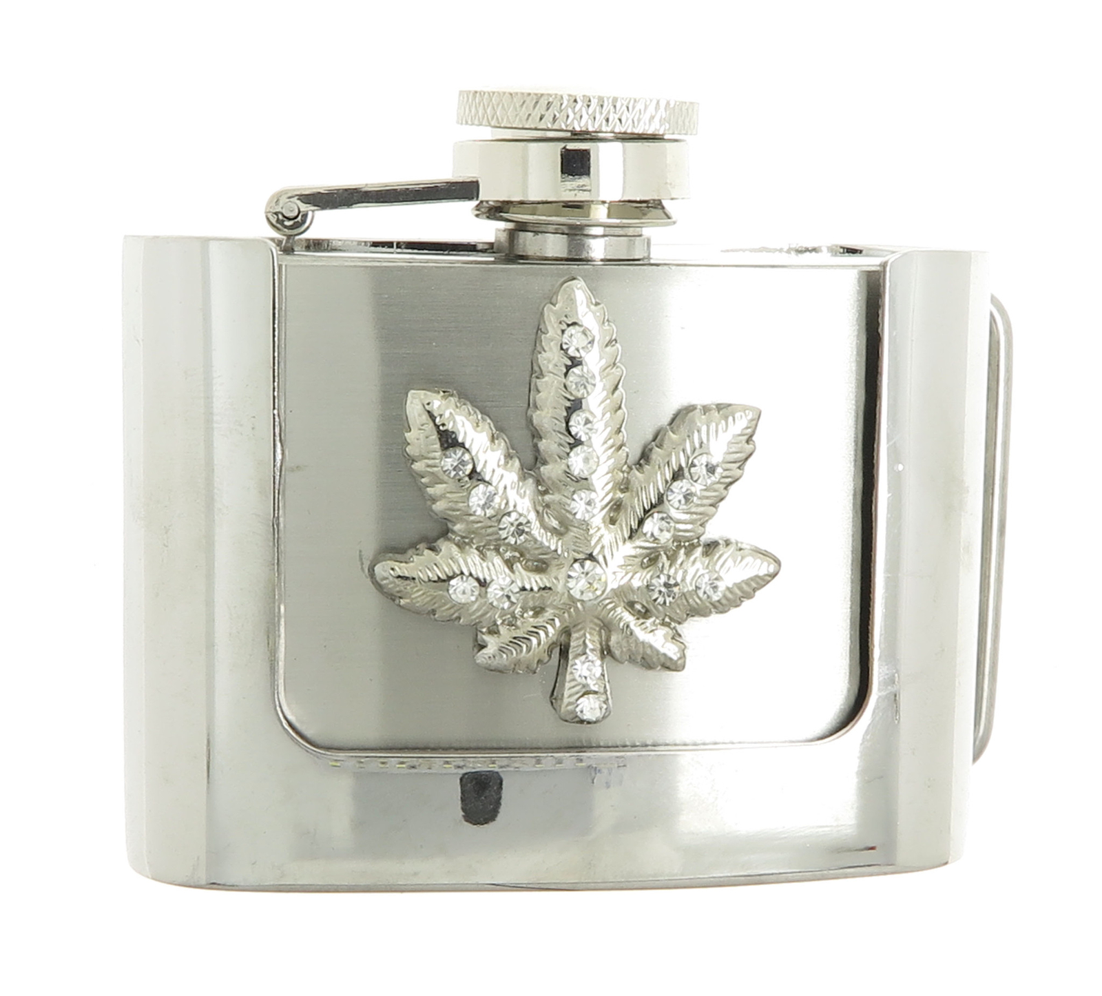 Rhinestone Marijuana Leaf 2 oz Stainless Steel Flask Belt Buckle