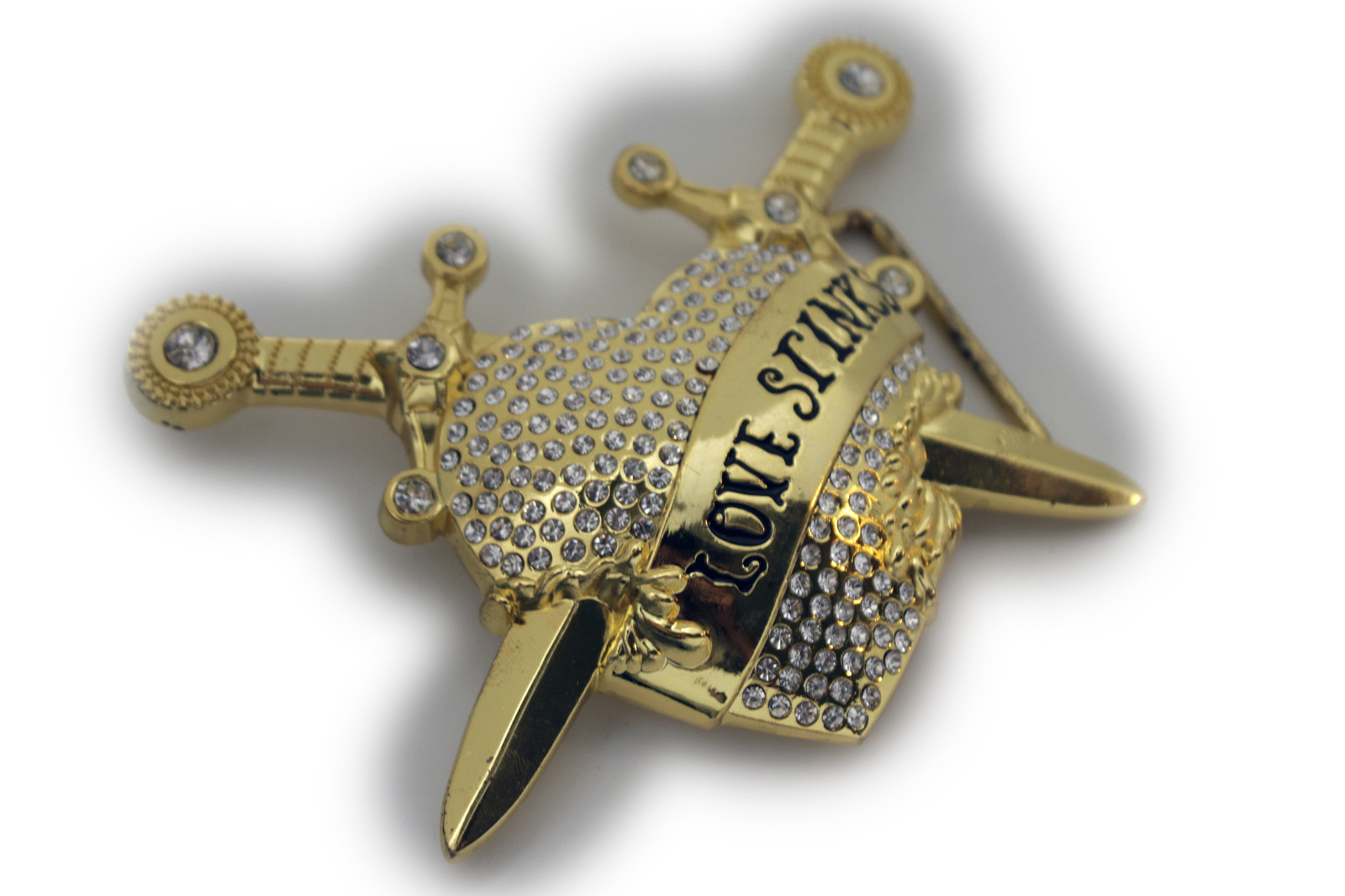 Men / Women Big Gold Metal Belt Buckle Heart Bling Silver Rhinestone Love Stinks
