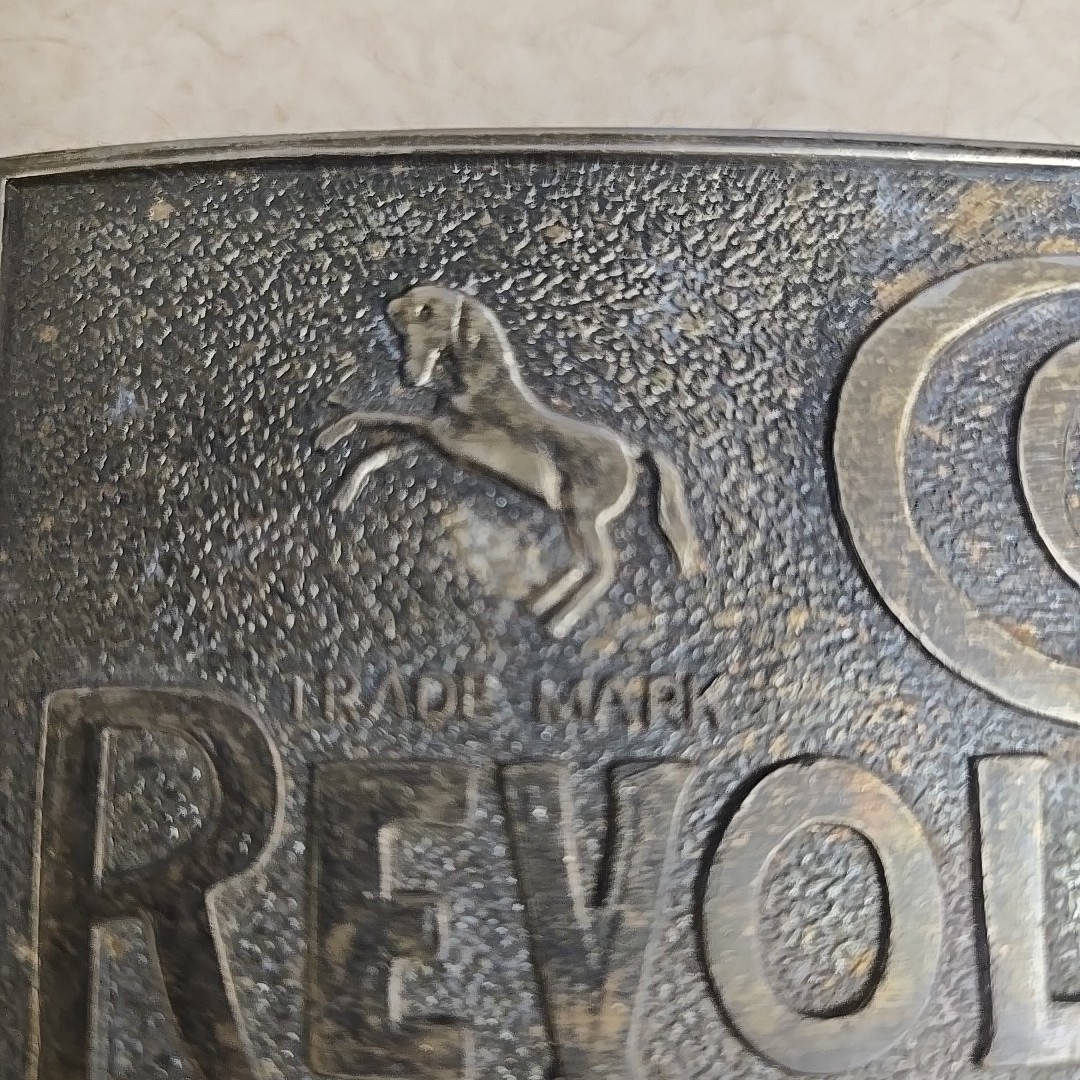 Vtg COLT REVOLVERS BRASS BELT BUCKLE ANTIQUE FINISH WESTERN « Worlds Right Arm »