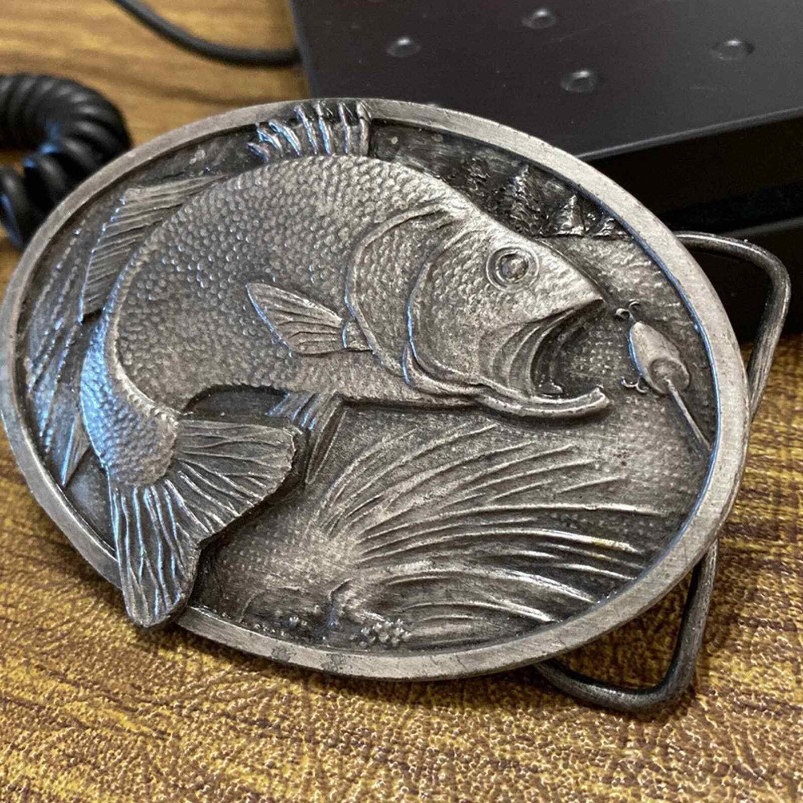 Vintage 1977 3D top water jumping Bass Pewter Gray Bergamot X-144 Belt Buckle