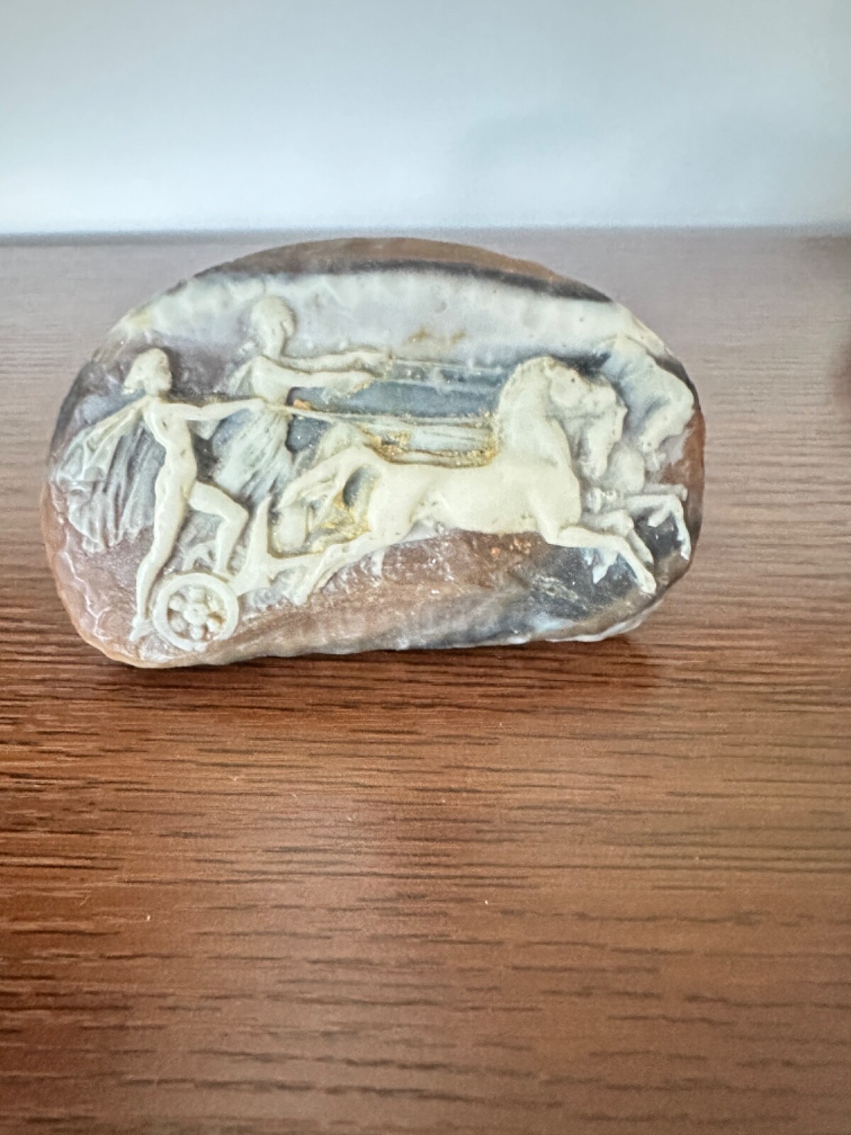 Vintage Large Carved Cream & Brown Resin Woman and Man Chariot Horses Belt Buckl