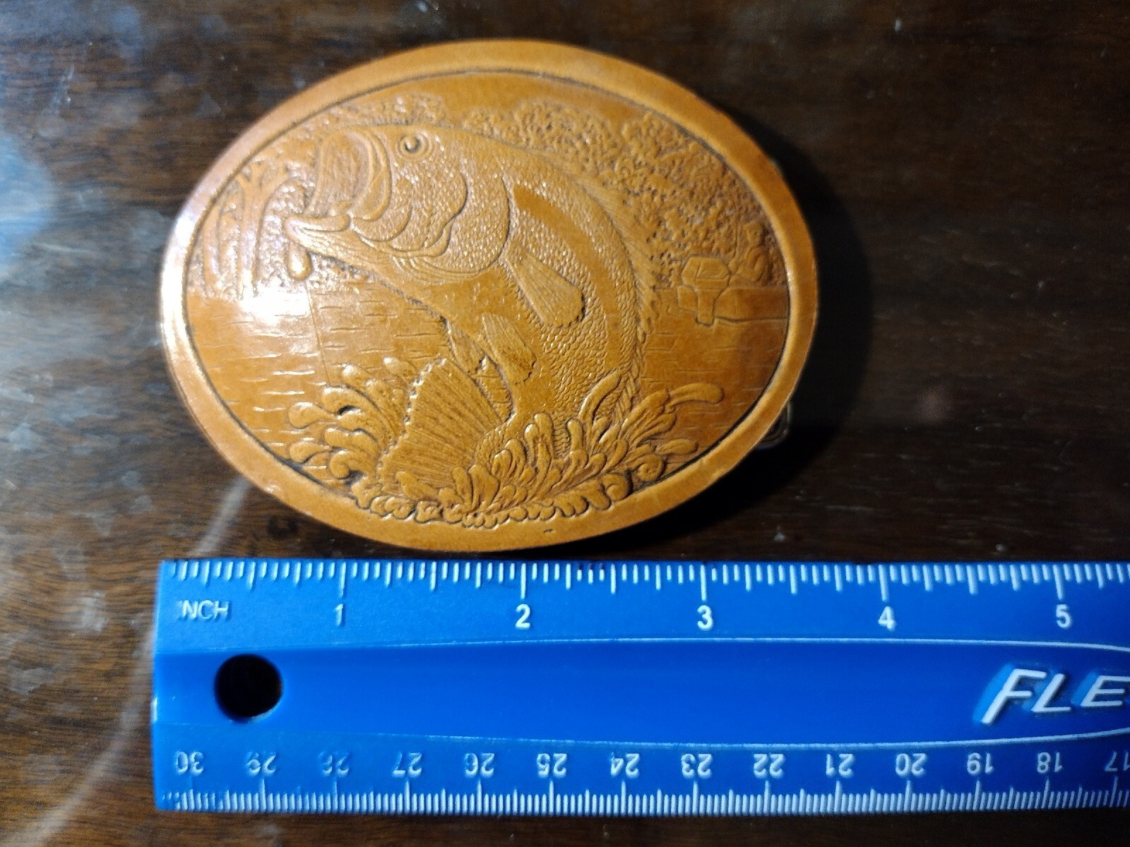 Leather Belt Buckle with Jumping Fish – 3-1/2 x 2-1/2 – Looks Unused