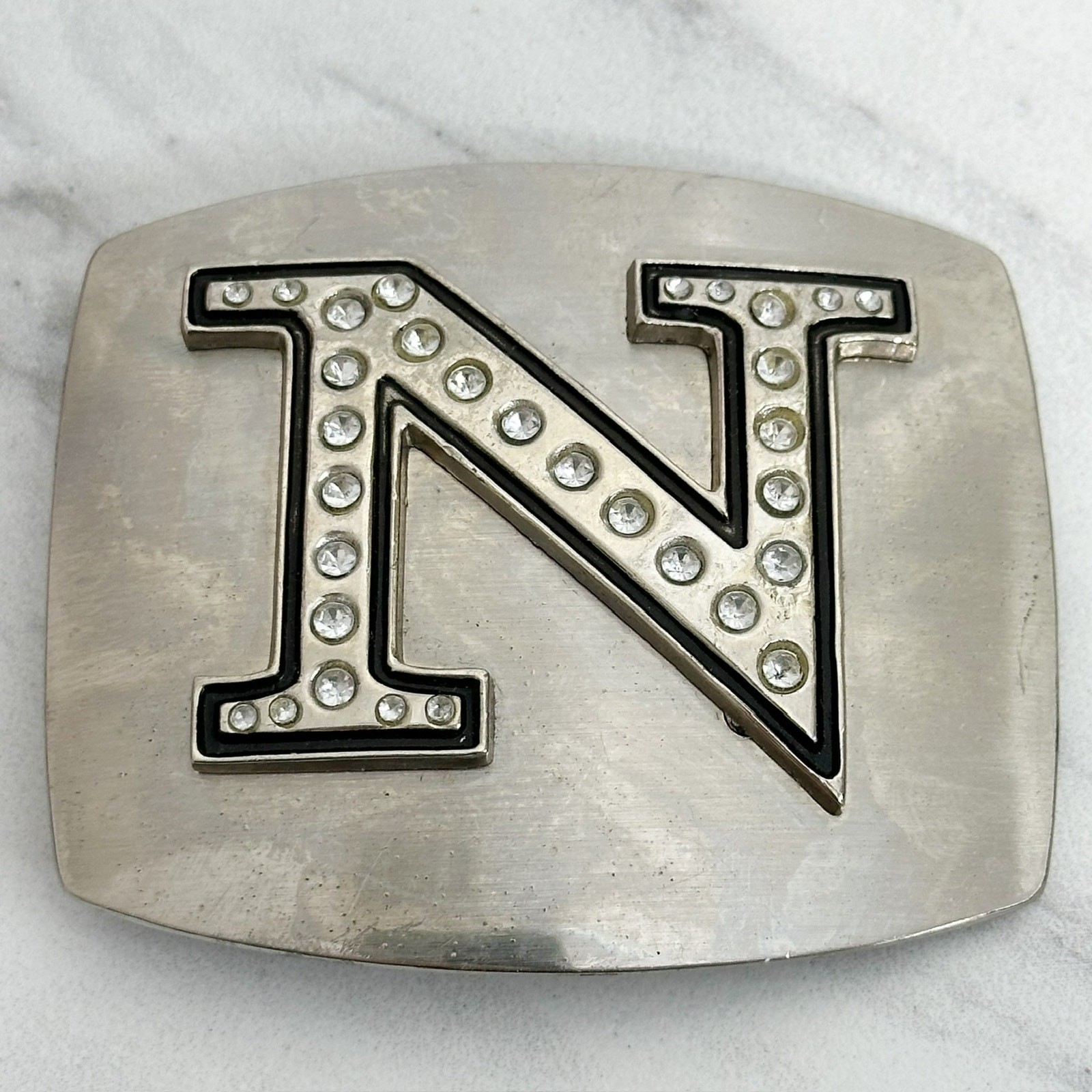 Rhinestone Studded N Letter Initial Monogram Silver Tone Belt Buckle