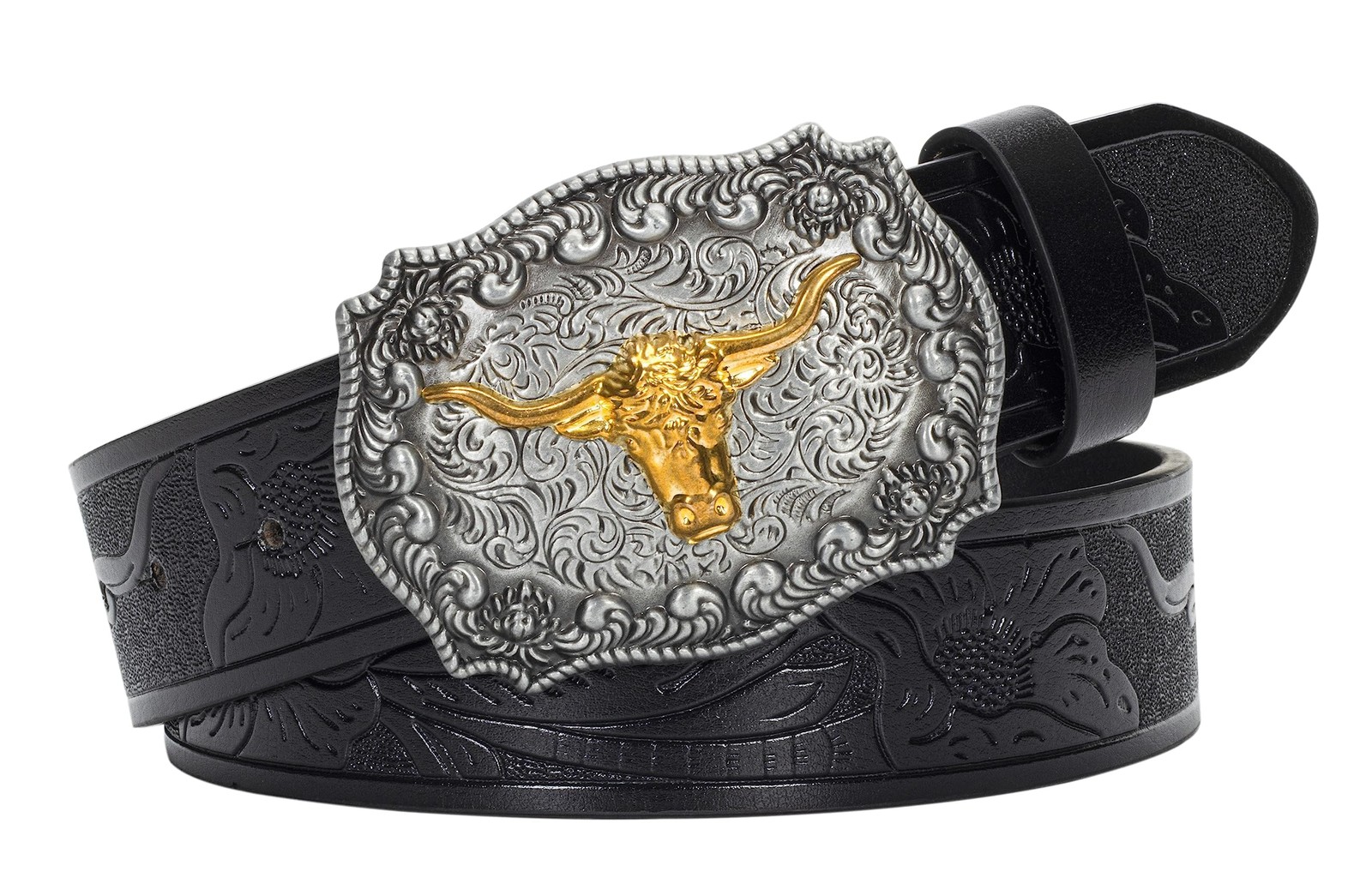 Bawnhaw Western Cowboy-Belts for 43.3&Prime; 30-34&Prime; waist, Black(carved-bull)