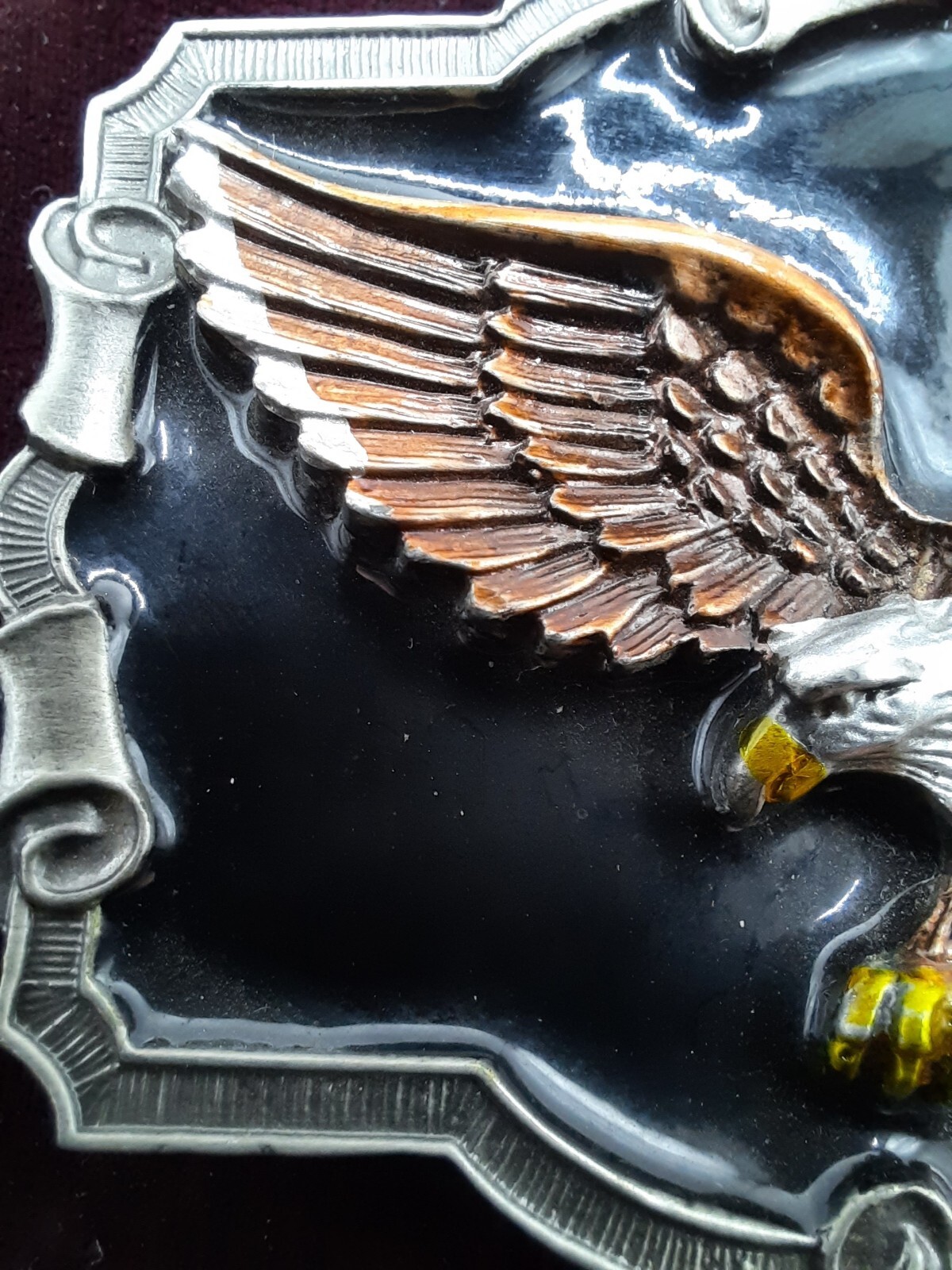 Vintage Open Wing Bikers Eagle Enameled Belt Buckle Scrolled background , 1983