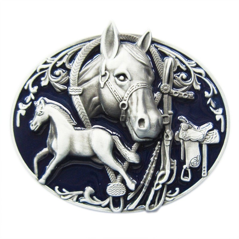 Western Zinc alloy Leather Belt Buckle Oval Enamel Horses Rodeo Shape Pattern