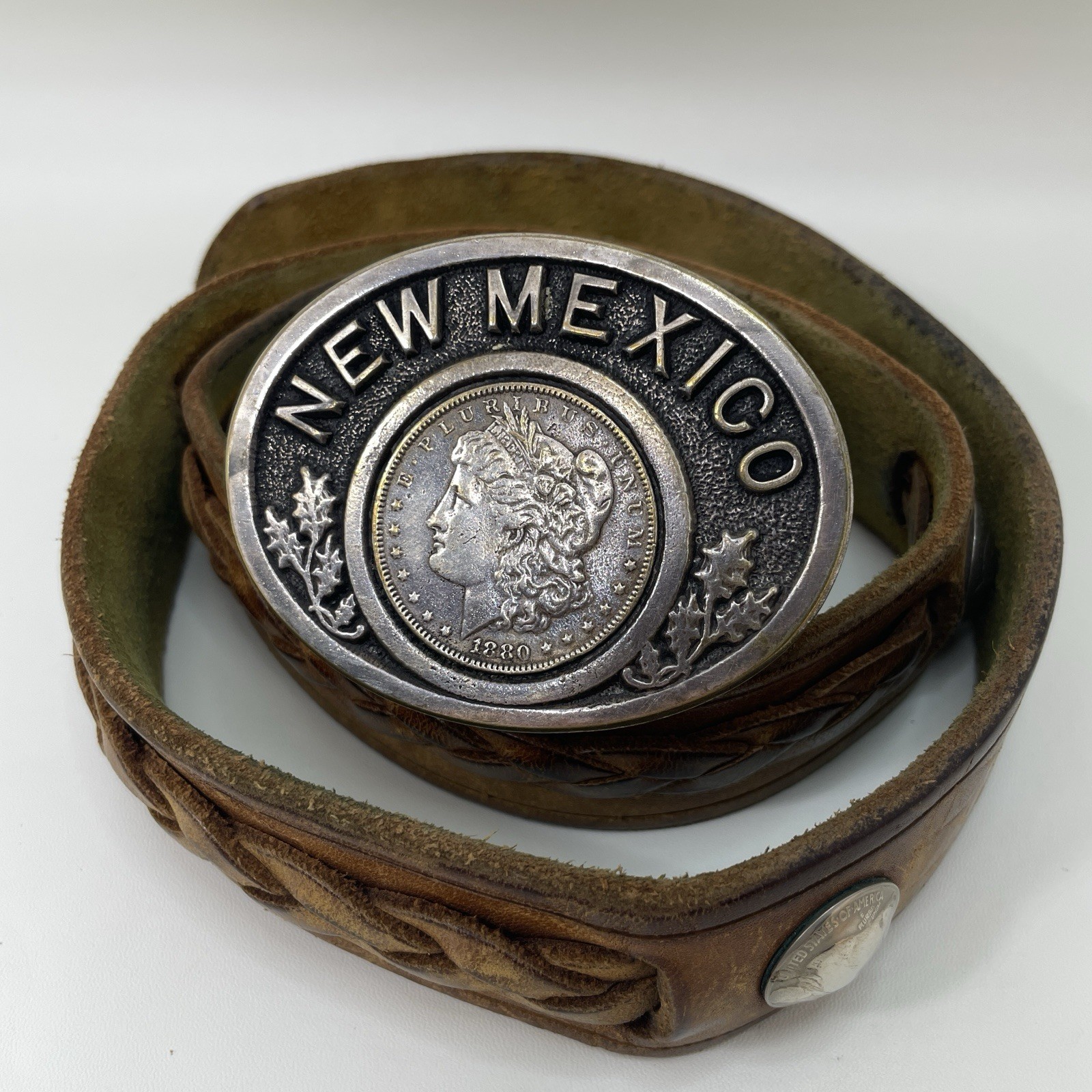 Pewter Belt Buckle 1880 Morgan Silver Dollar New Mexico Buffalo Nickel Leather