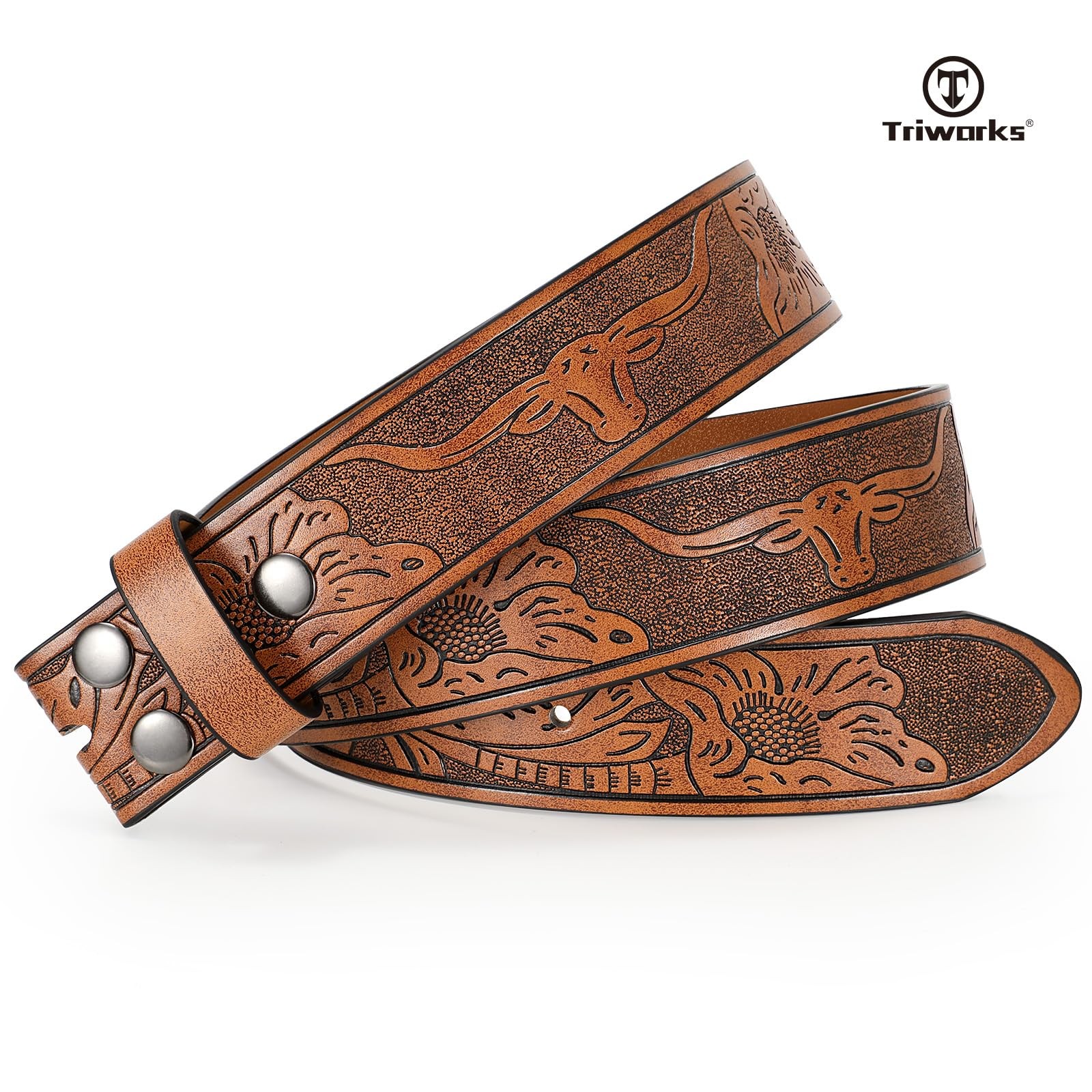 TRIWORKS Western Belts for Men without Buckle Cowboy Fit Size 46&Prime;-50&Prime;, Brown