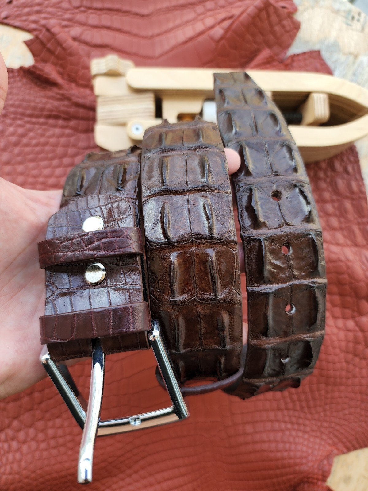 3.8CM Brown 100% Genuine Exotic Leather Skin Men Belt Silver Buckle- Handmade