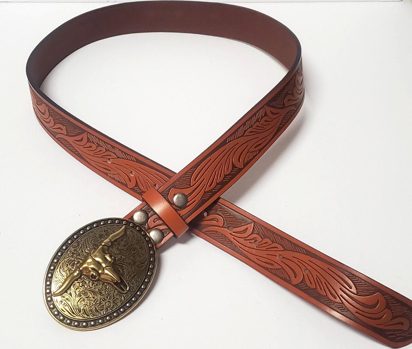 Western Belt 38 Longhorn Skull Oval Buckle Rust & Brown Stamp Synthetic Leather