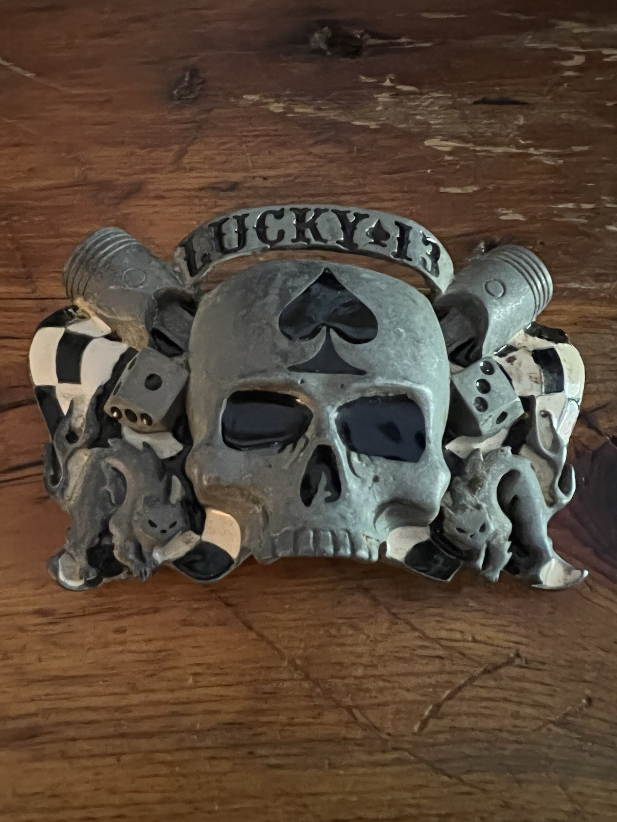 Lucky 13 Apparel Skull Zippo Lighter Holder Belt Buckle 2003 W/ A Lighter BOLD