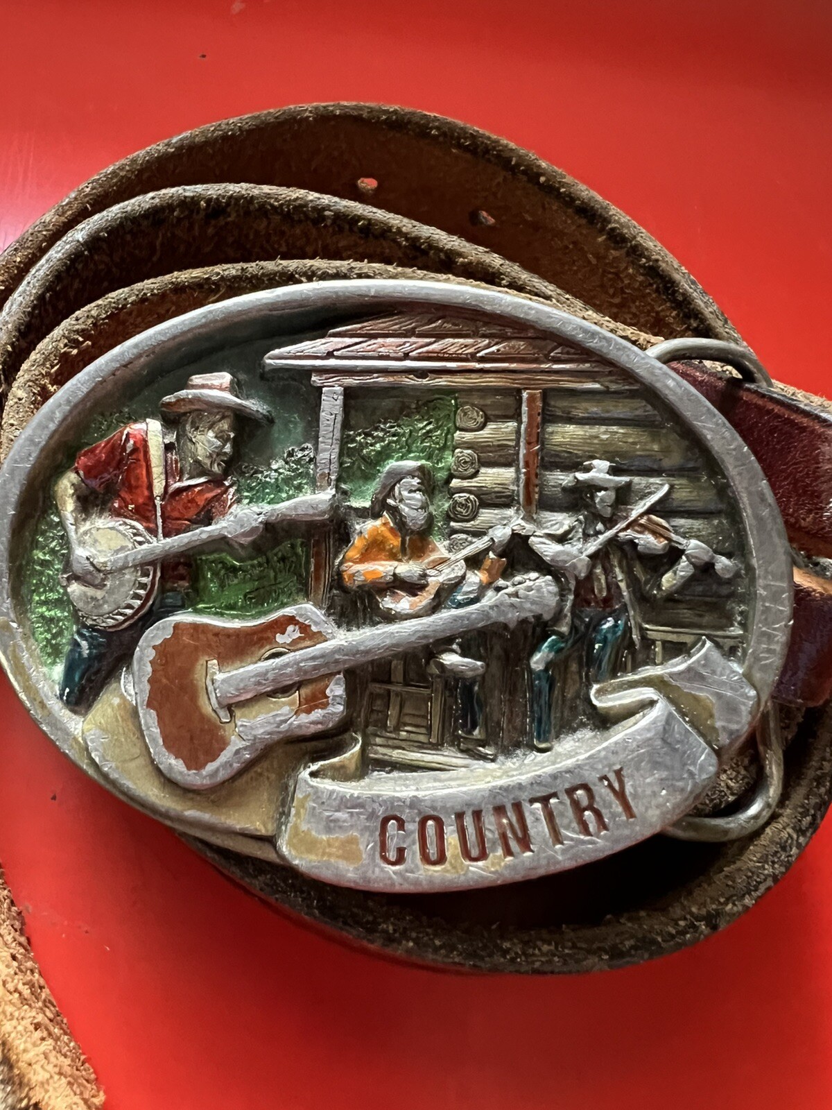 Country Music C & J Belt 1446 Enameled Metal Guitar Fiddle Banjo 1986 Leather