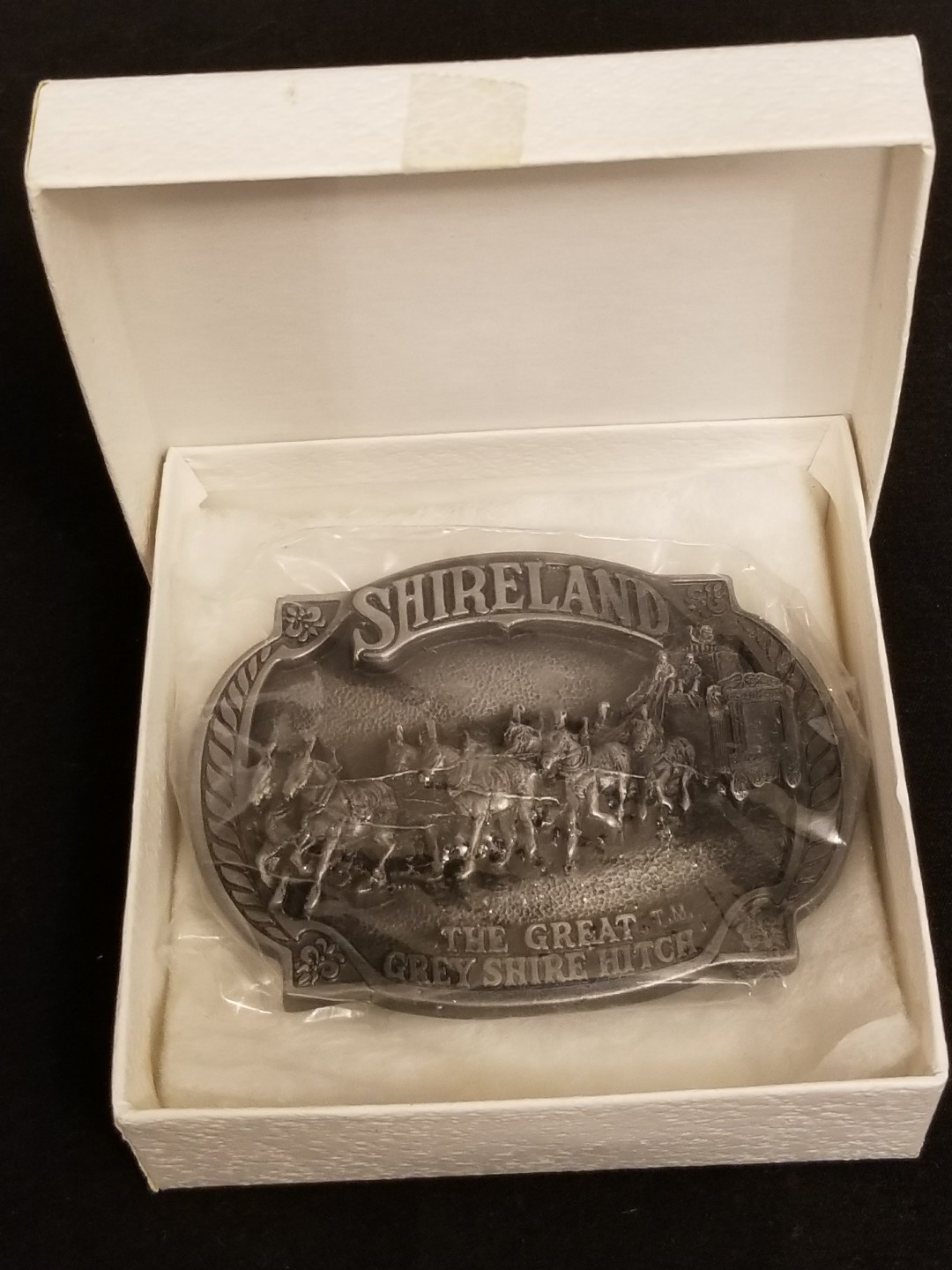 Vintage Belt Buckle Pewter Alloy Shireland Coach & Horse Scene 1987 NewOldStock