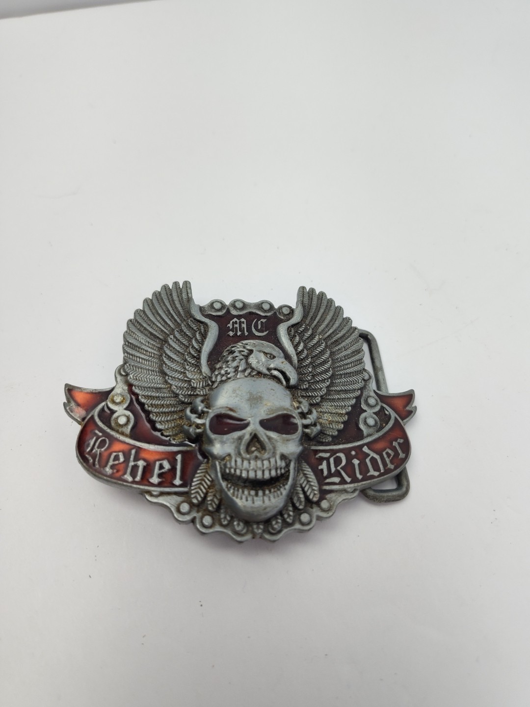 Rebel Rider Belt Buckle Outlaw Biker Motorcycle MC Rocker Skull & Eagle