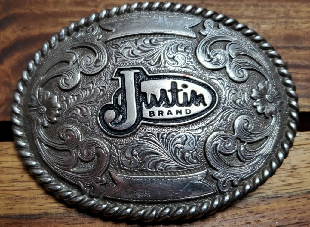 Justin Boots Brand – Silver Belt Buckle Fillagree Engraved Scroll Work Oval