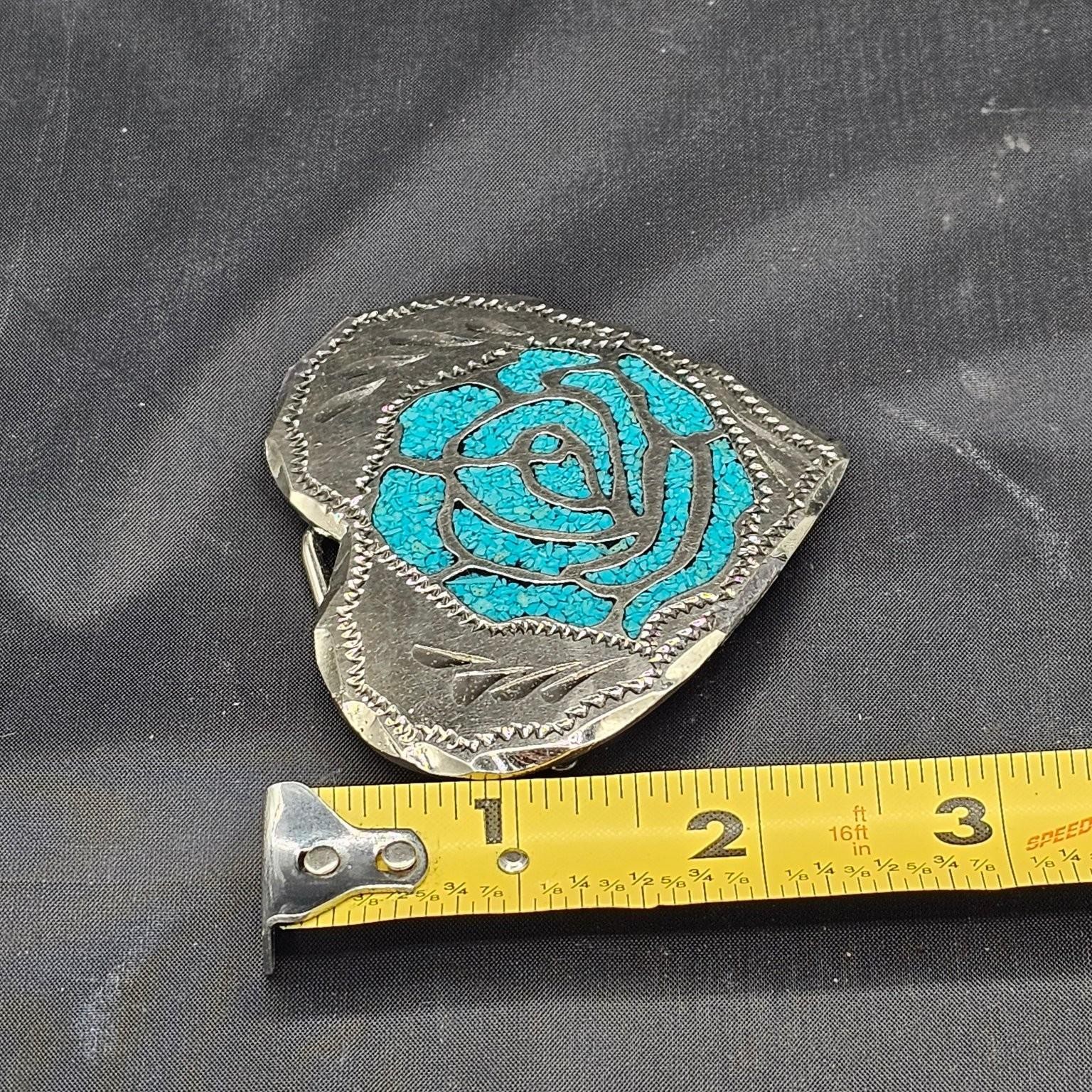 Turquoise Inlay Heart Shaped Men&rsquo;s Belt Buckle 3 Inch Silver Tone