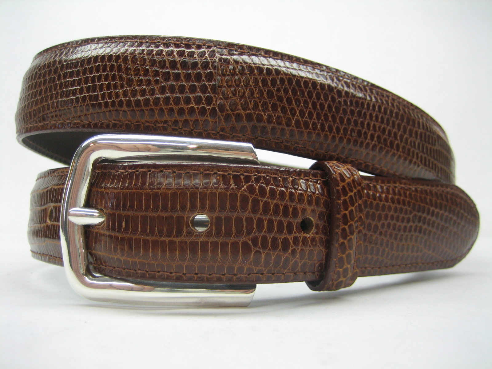 STERLING SILVER 925 SOLID BUCKLE & GENUINE LIZARD BELT 28 MM WIDE MADE IN U.S.A