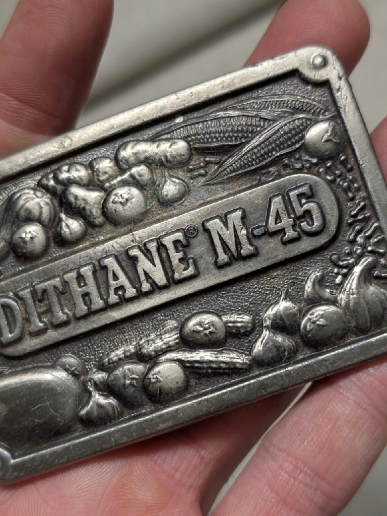 1970s vintage FARMING belt buckle CROPS western FARMER cowboy BRASS rohm haas