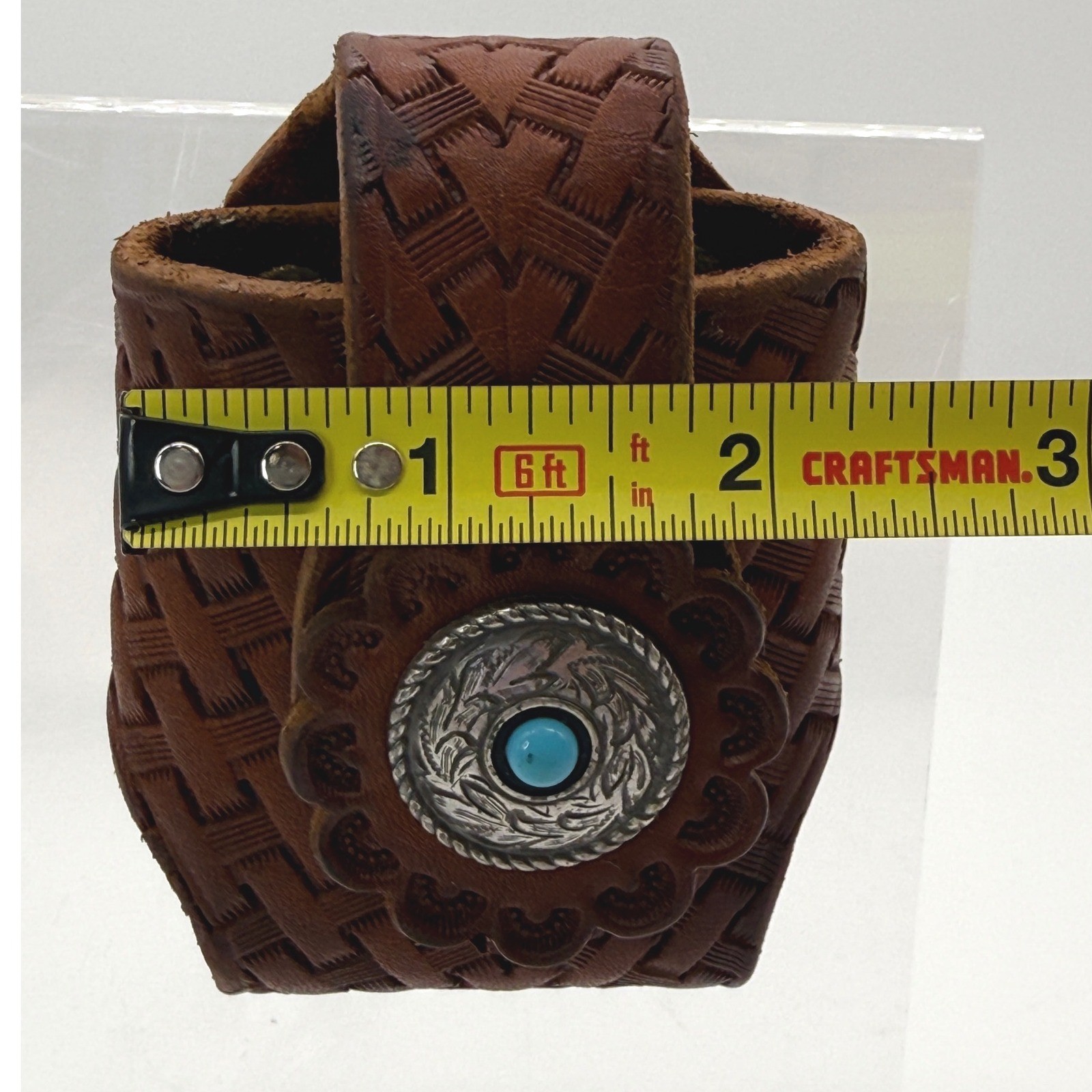 Vintage Hand Tooled Leather Belt Pouch Basket Weave Western Turquoise Concho