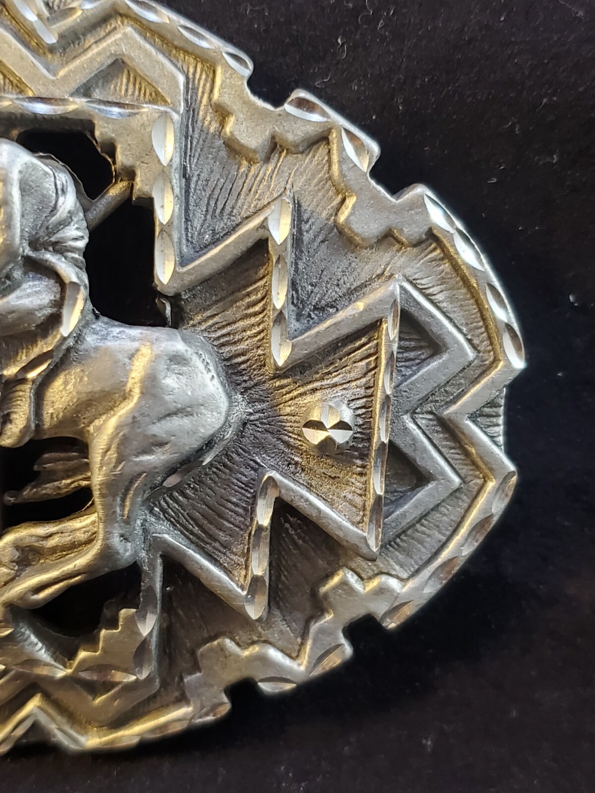 Diamond Cut Pewter Man Riding Horse Belt Buckle