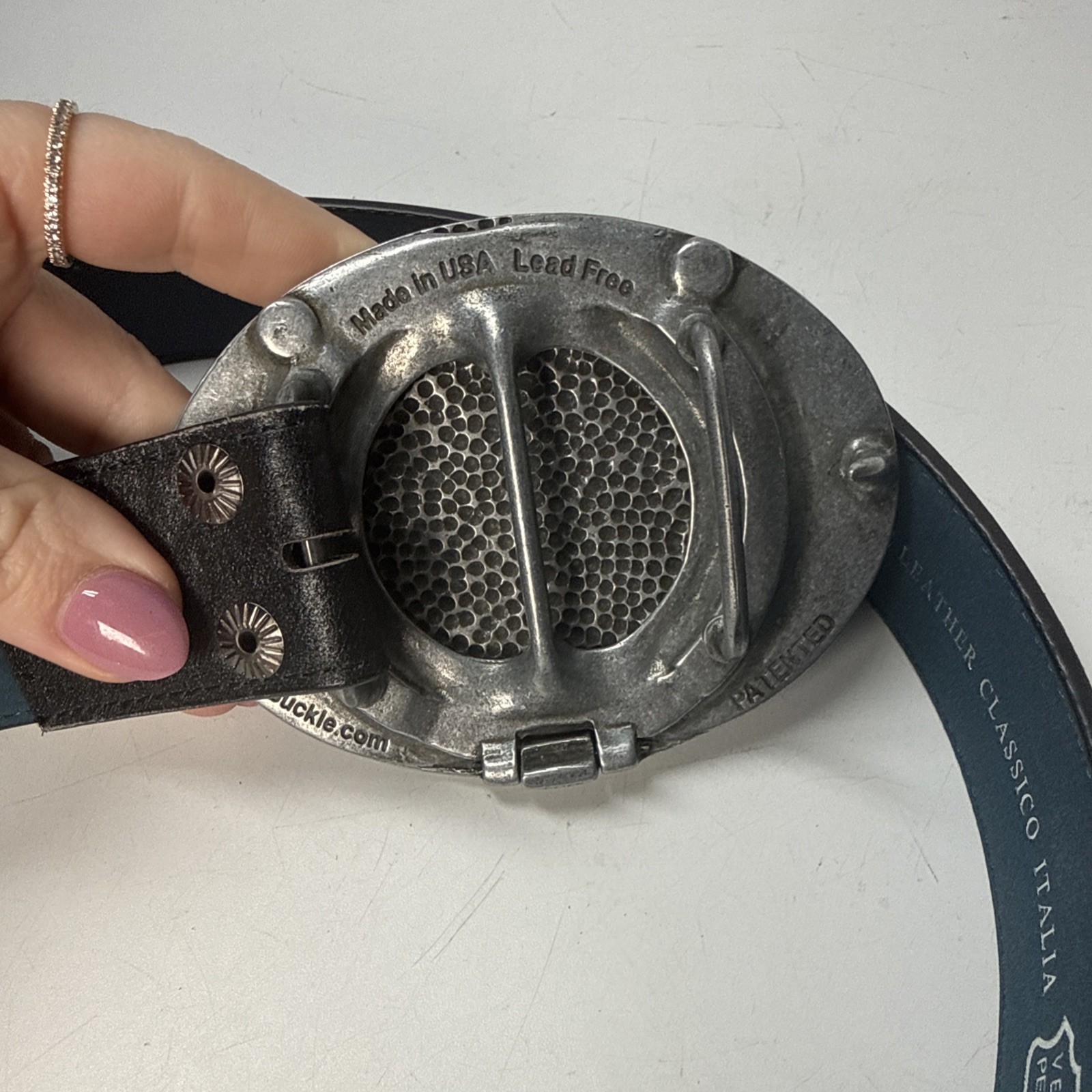 Bev Buckle Original Gone Fishing Beverage Holding Belt Buckle Black Belt USA