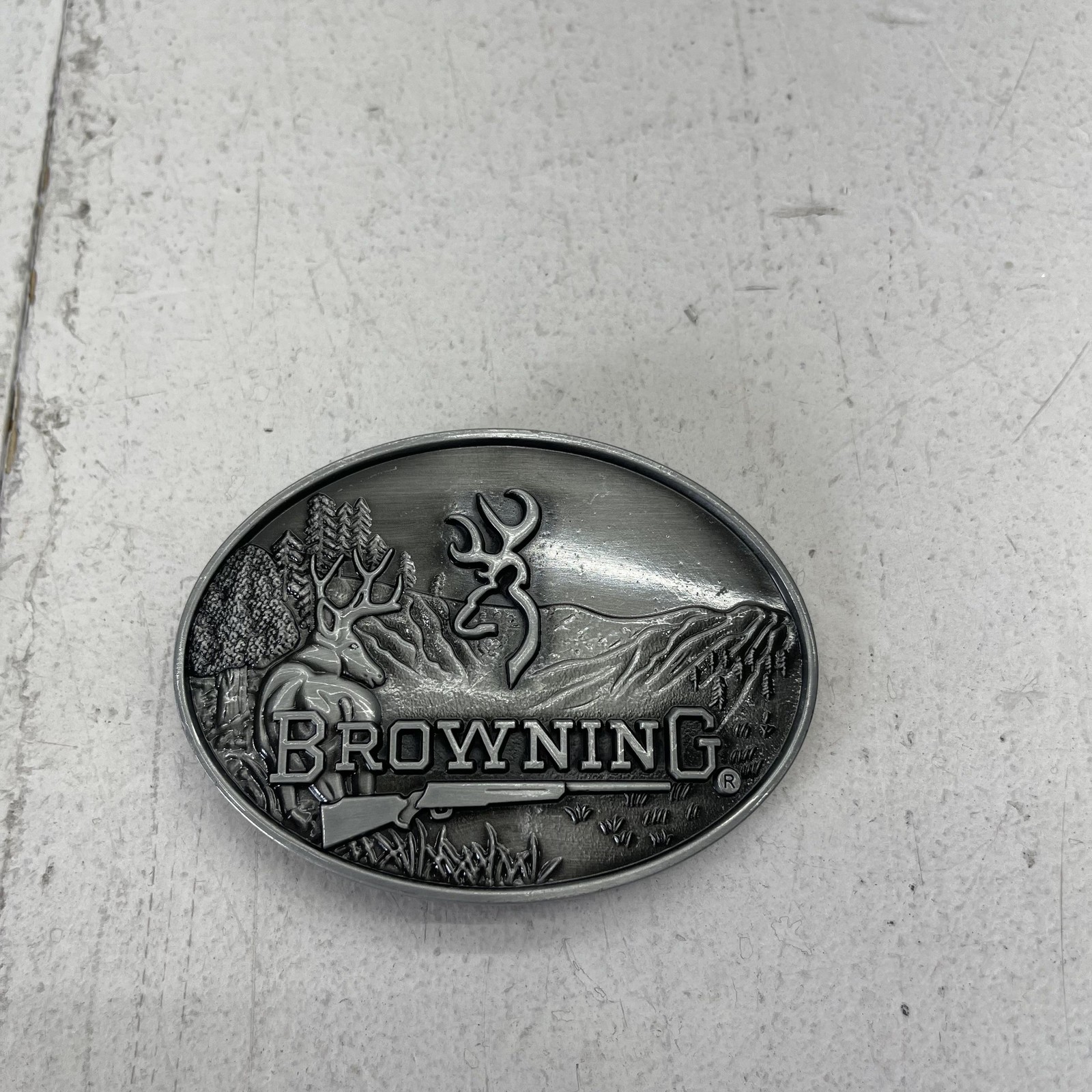 Browning Belt Buckle Mens Silver Oval Deer Rifle Mountain Hunting Logo Western