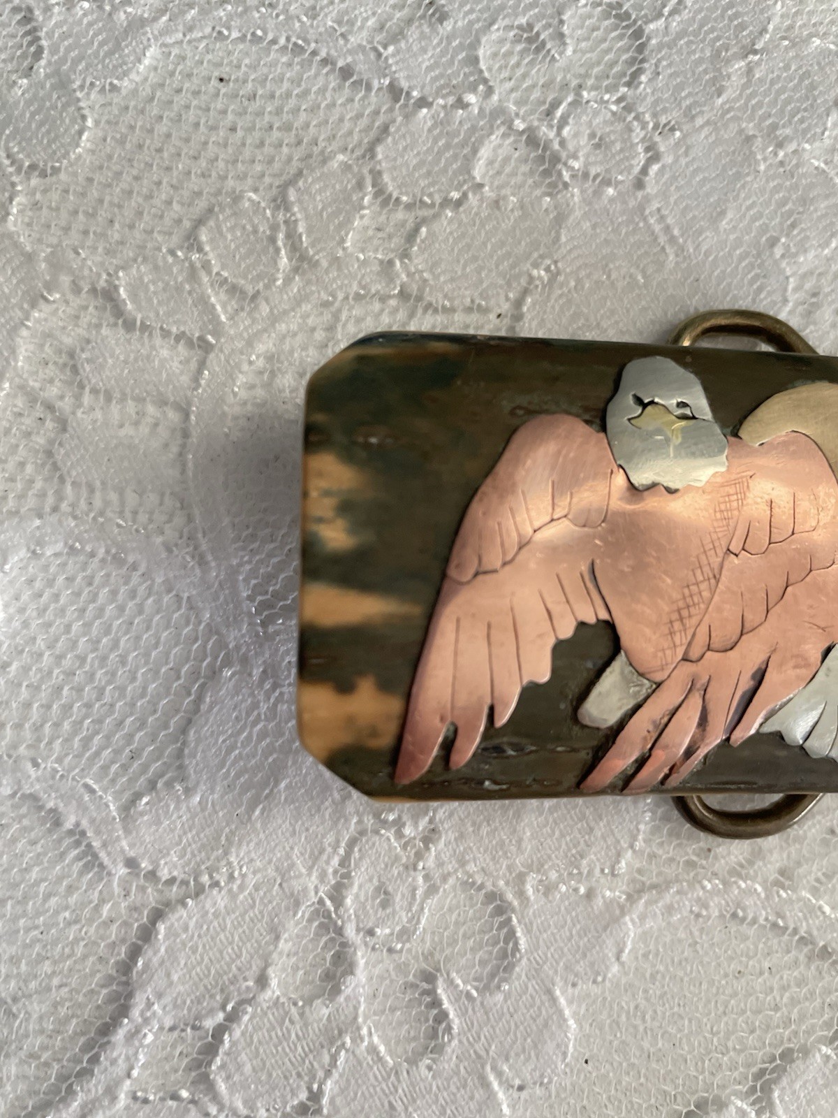 Vintage Handmade Mixed Metal Brass Copper Eagle Inlay Stone Belt Buckle Signed