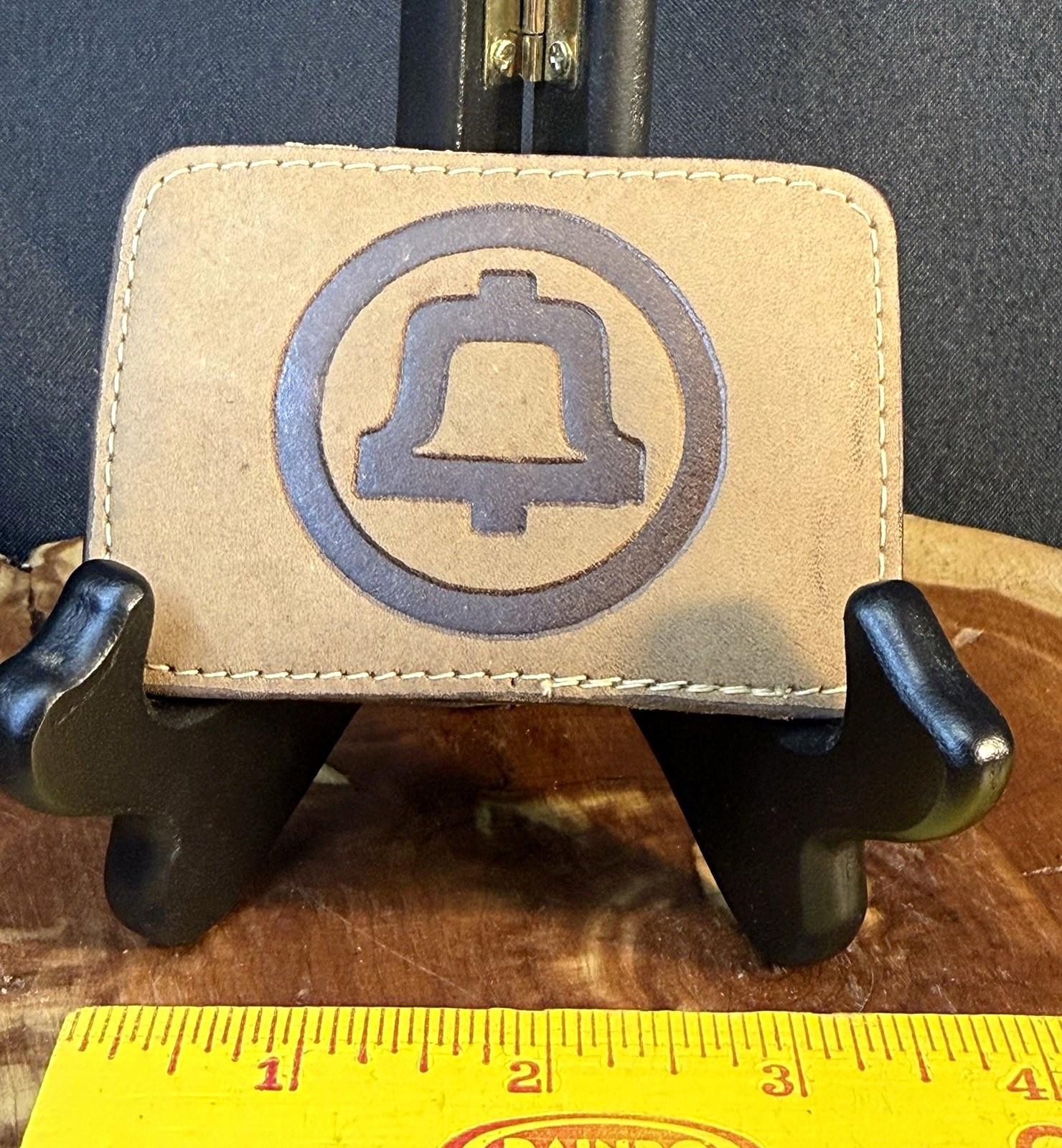 Southwestern Bell Tan Leather Frame Belt Buckle w/ Bell Logo, Fits 1.5 in