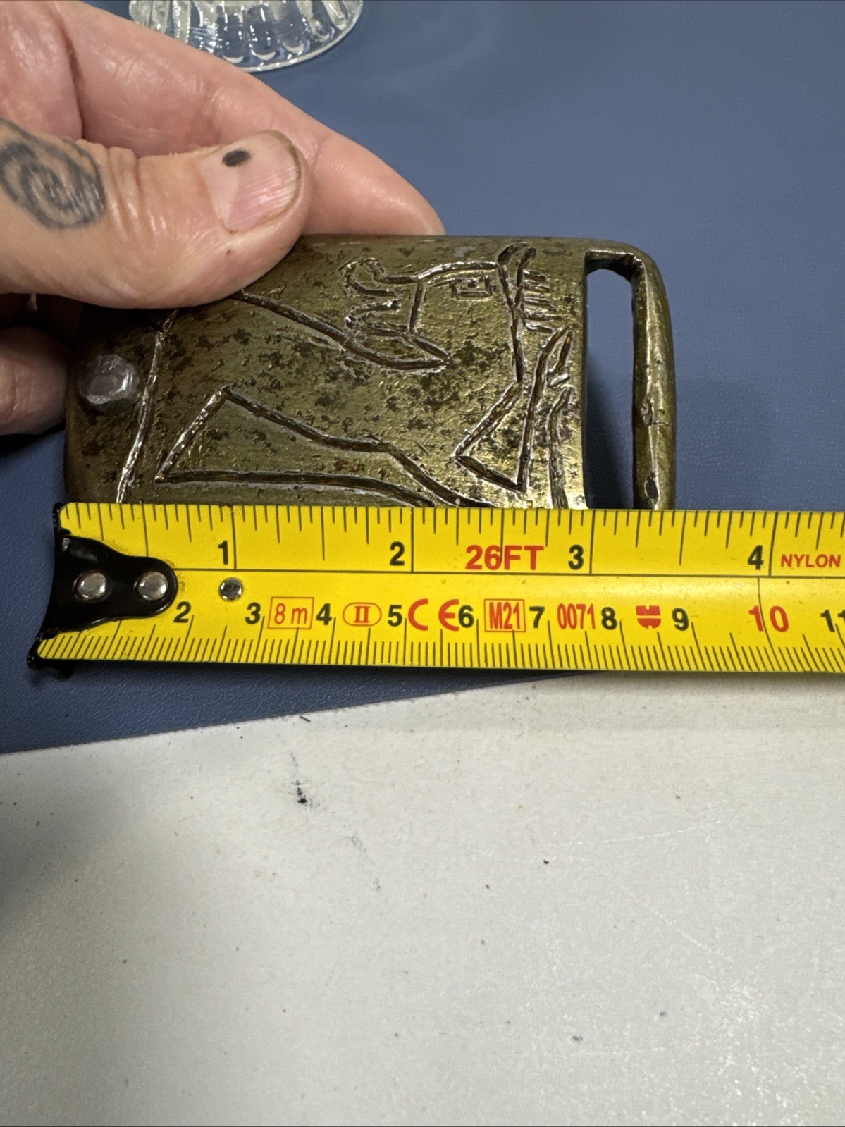 Vintage Brutalist Brass Belt Buckle Abstract Etched Figure Mid Century Modern