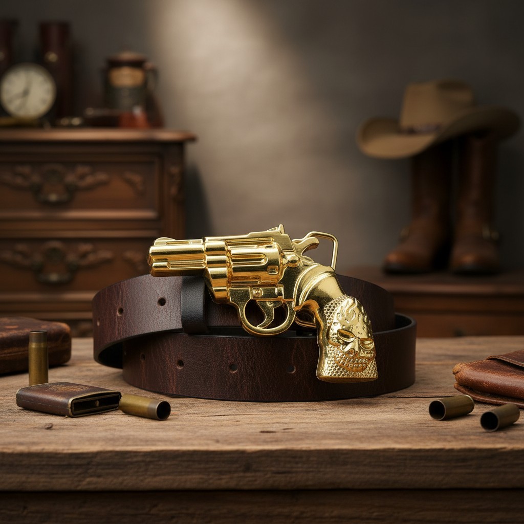 Men Belt Buckle Gold Metal Western Cowboy Pistol Revolver Gun Weapon Fire Skull