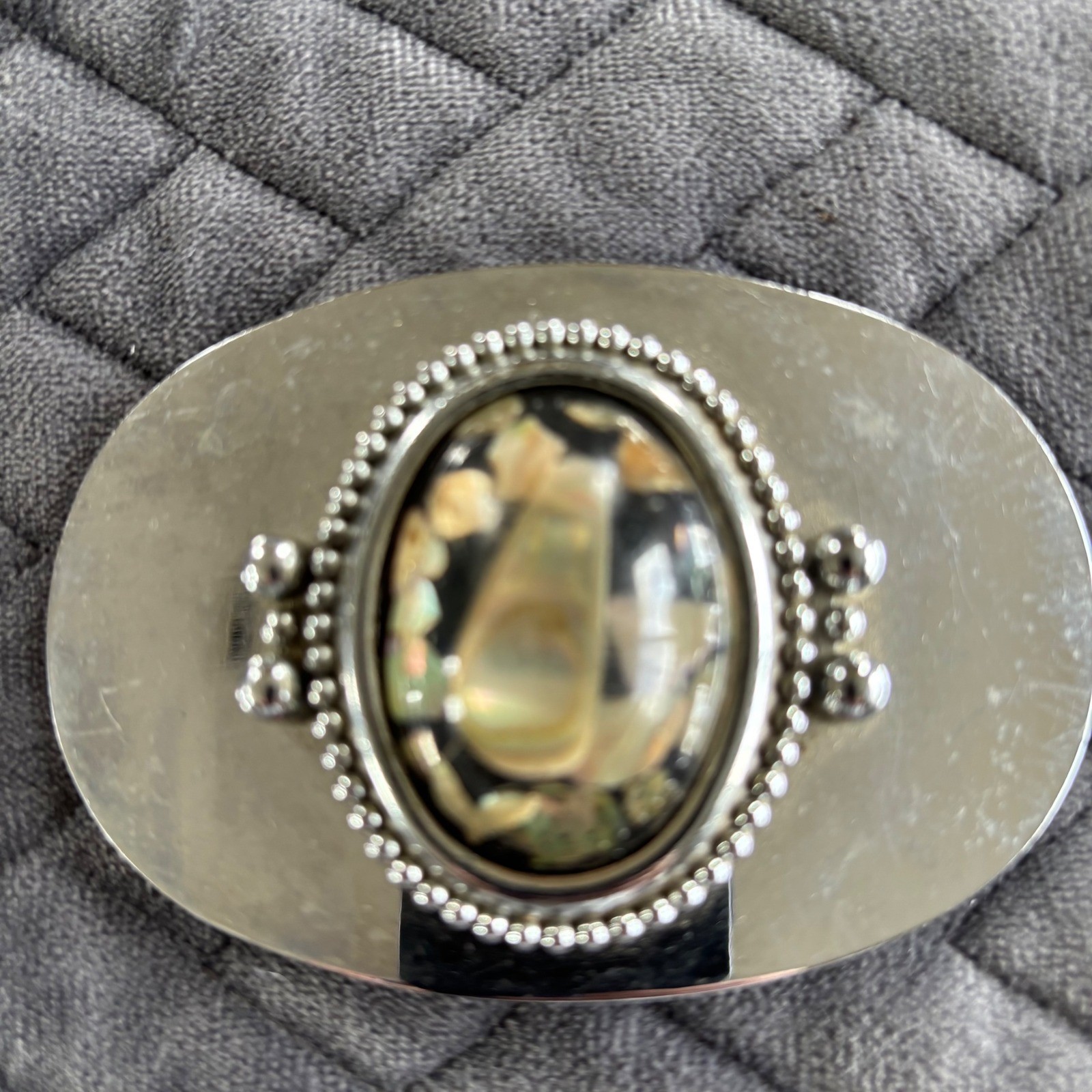Vintage Silver Tone Abalone Shell Inlay Oval Belt Buckle Western Boho Iridescent