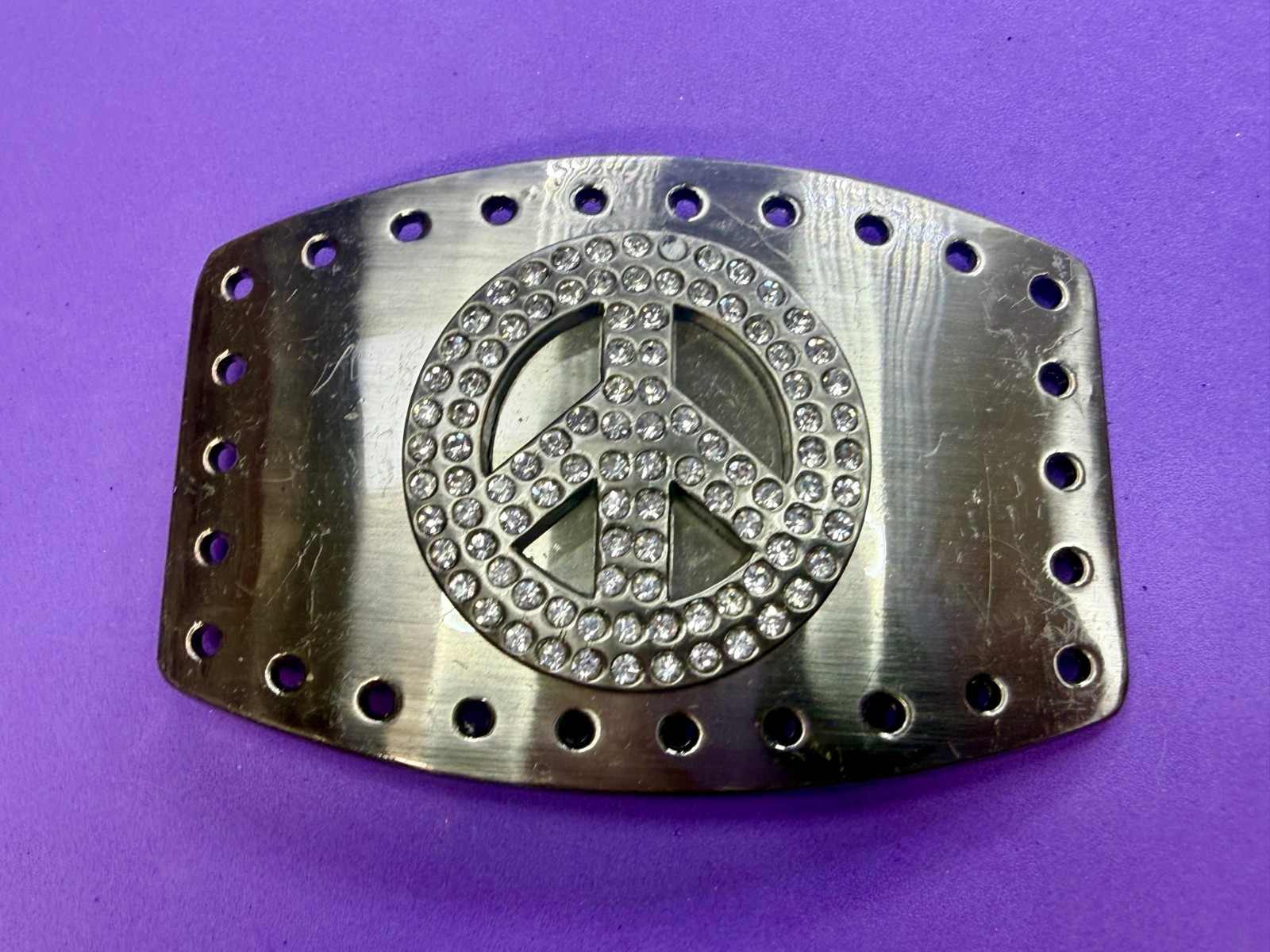 Peace Symbol Sign Rhinestone Bling Hole Border Hippy Silver Tone Belt Buckle