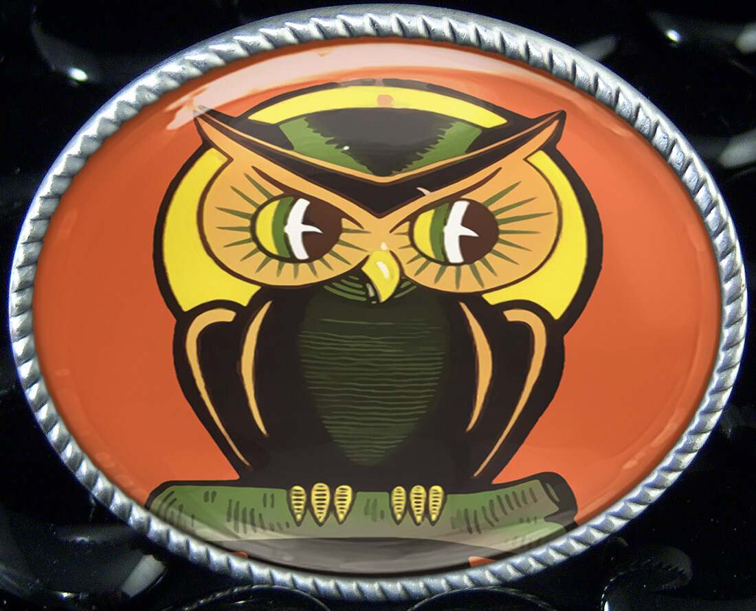 Owl Belt Buckle – Retro Halloween Art Silver Oval Handmade Buckle – 144