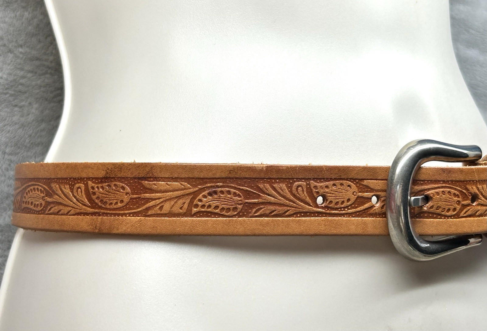 Vintage Inspired Tooled Leather Belt Silver Buckle Fits 24–28 Western Cowboy
