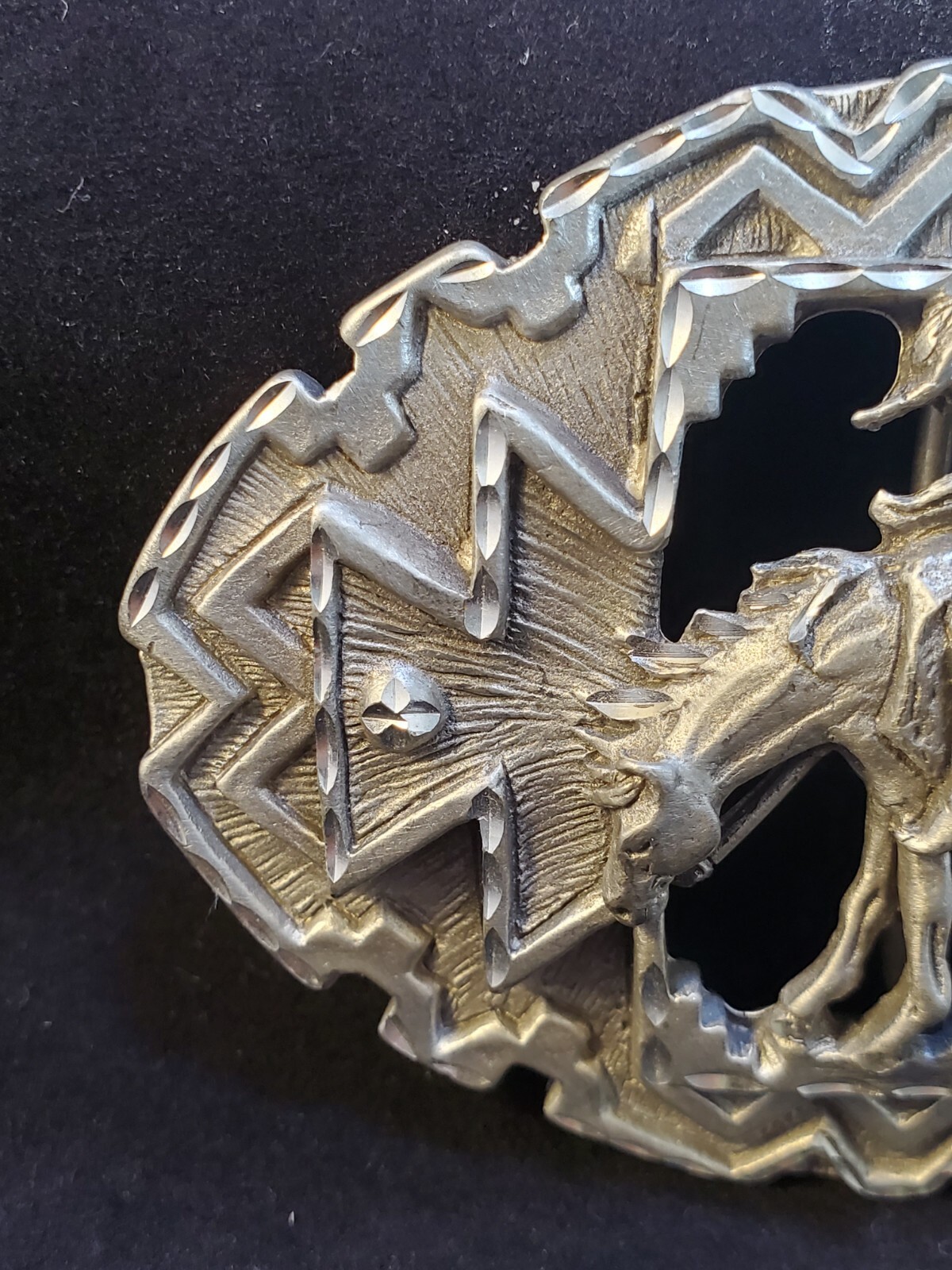 Diamond Cut Pewter Man Riding Horse Belt Buckle