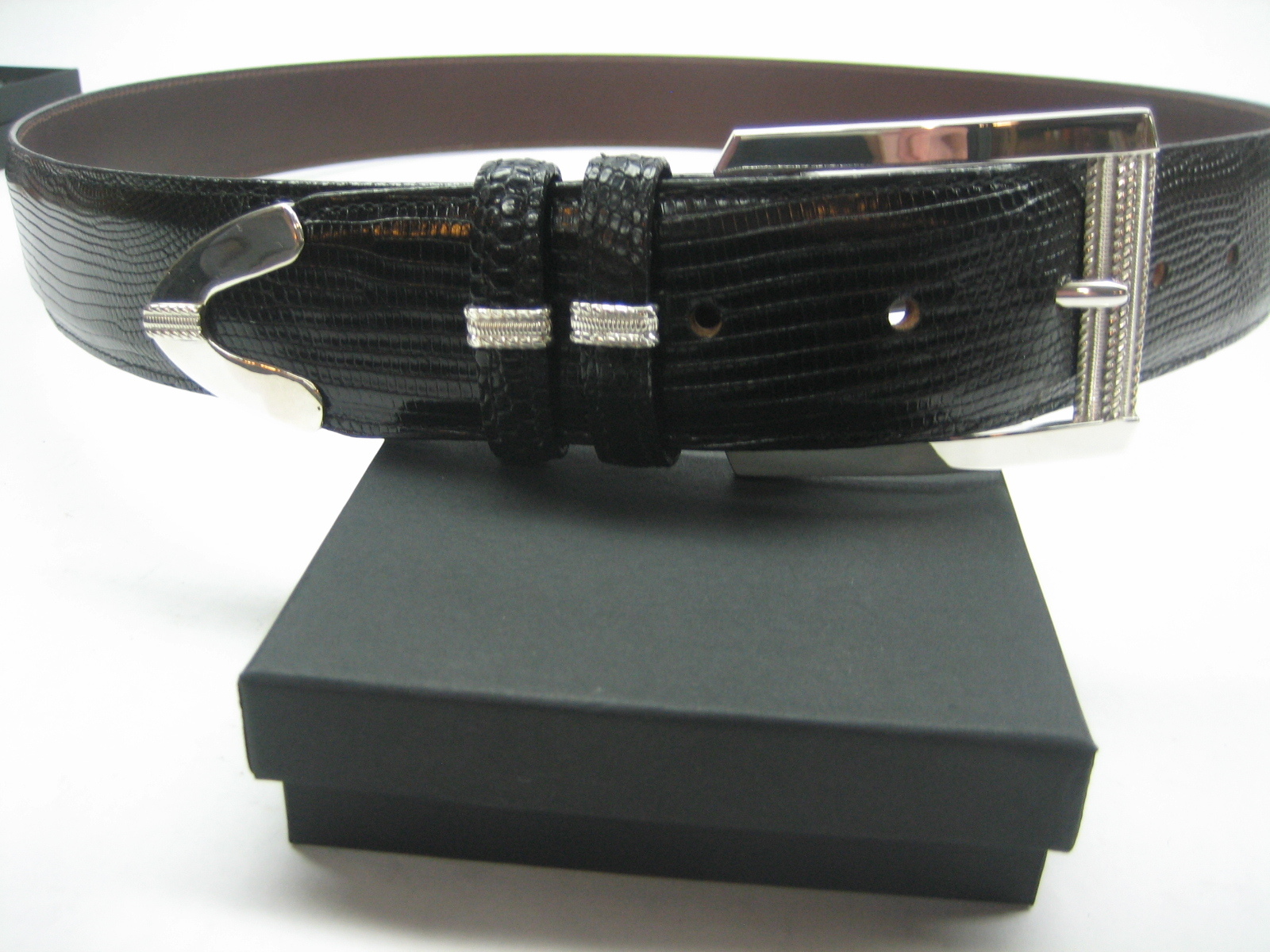 STERLING SILVER 925 BUCKLE TWO LOOP AND TIP SET & GENUINE LIZARD 1.5&Prime; BELT U.S.A