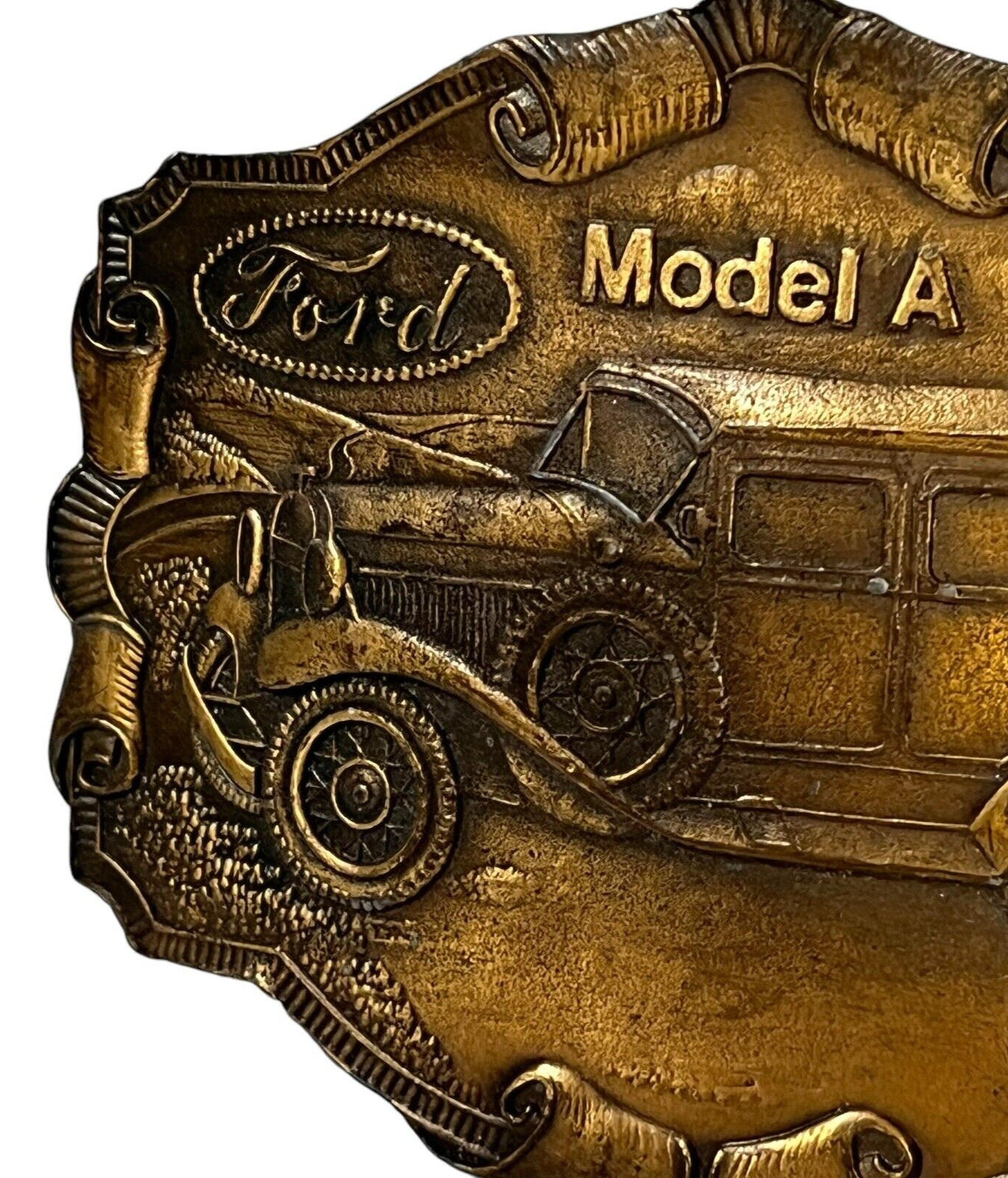 Vintage Ford Model A Car Brass Belt Buckle Scrolls Transportation