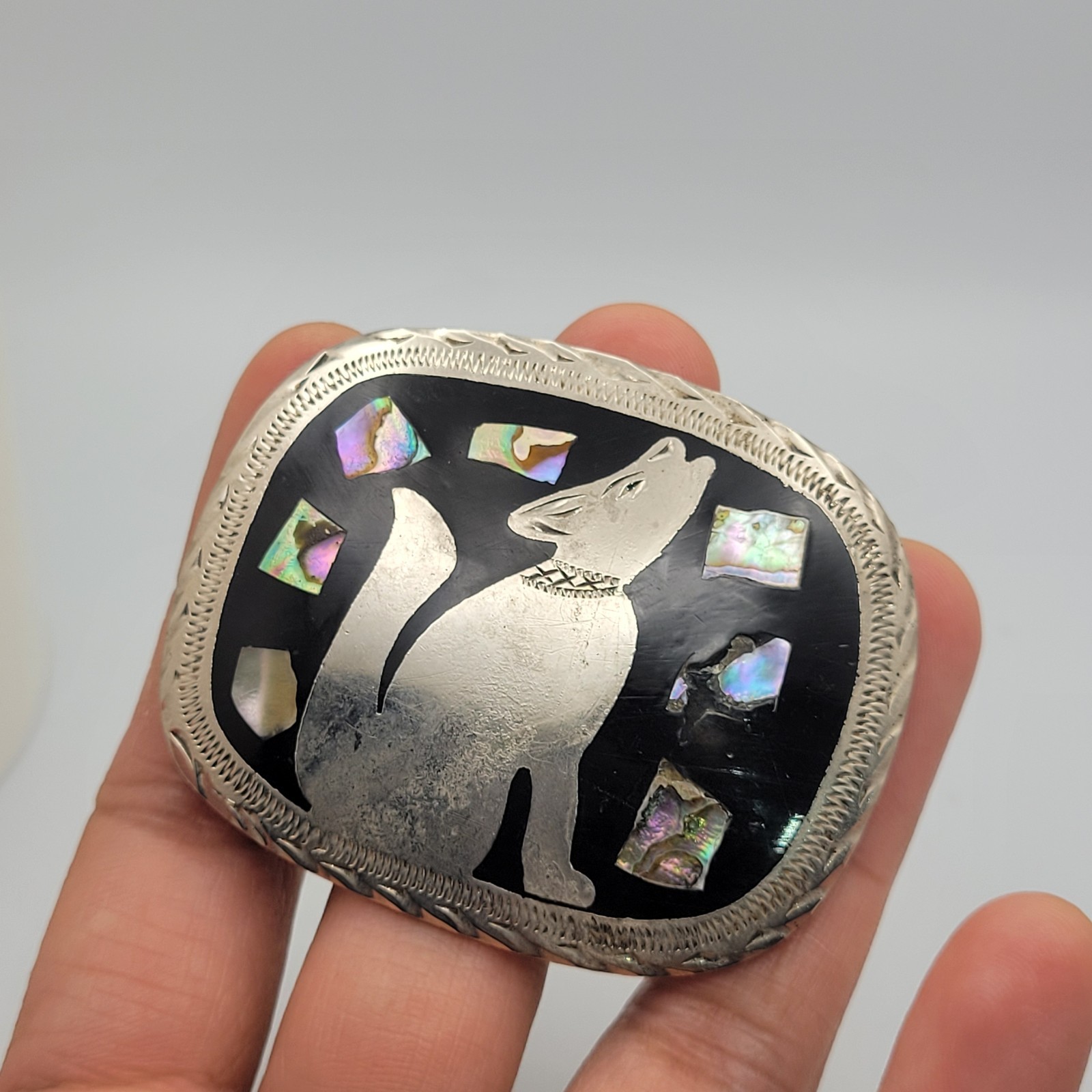 Mexican Alpaca Silver Belt Buckle Howling Wolf Coyote Black Enamel Abalone Inlay
