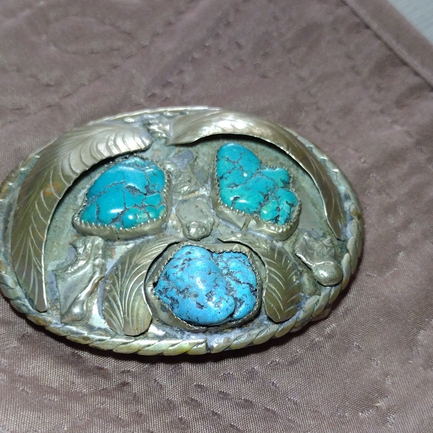 Vintage Native Made Men&rsquo;s Western Oval Silver Belt Buckle w/ Torquoise Stones
